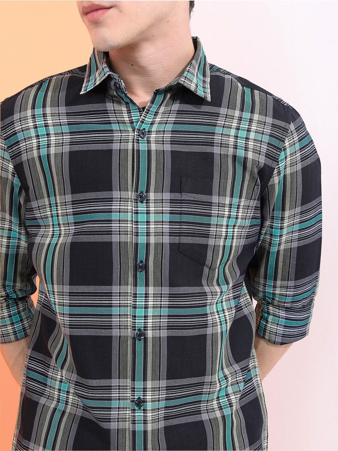 HIGHLANDER Men Black & Green Slim Fit Checked Casual Shirt - Image 2