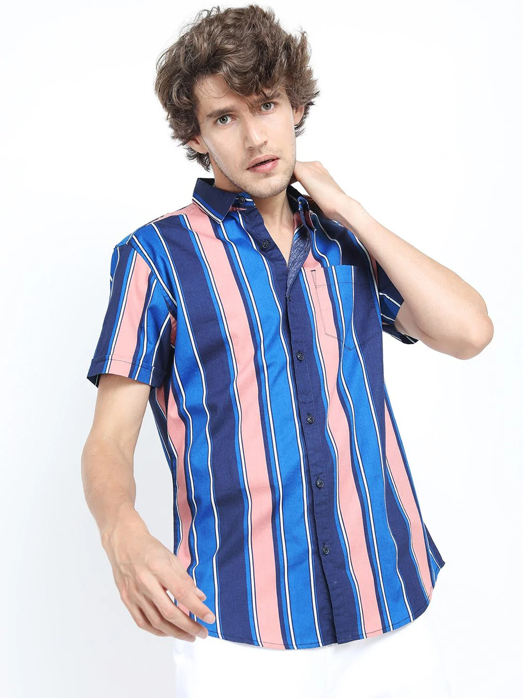 HIGHLANDER Men Blue & Peach-Coloured Slim Fit Multi Stripes Striped Cotton Casual Shirt - Image 2