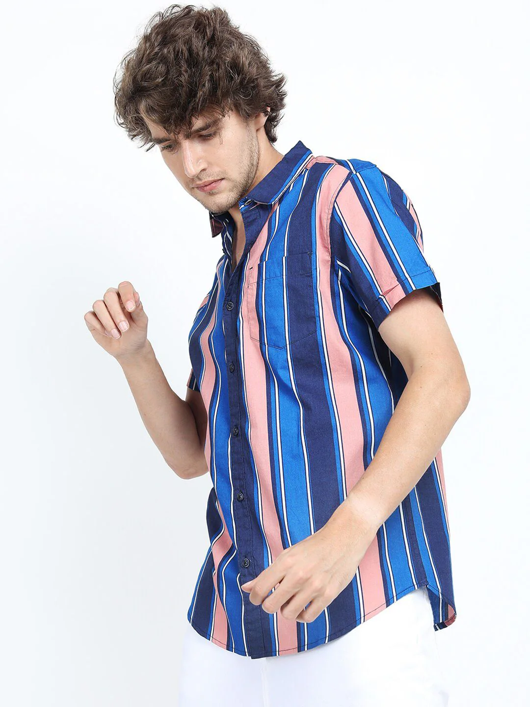 HIGHLANDER Men Blue & Peach-Coloured Slim Fit Multi Stripes Striped Cotton Casual Shirt - Image 5