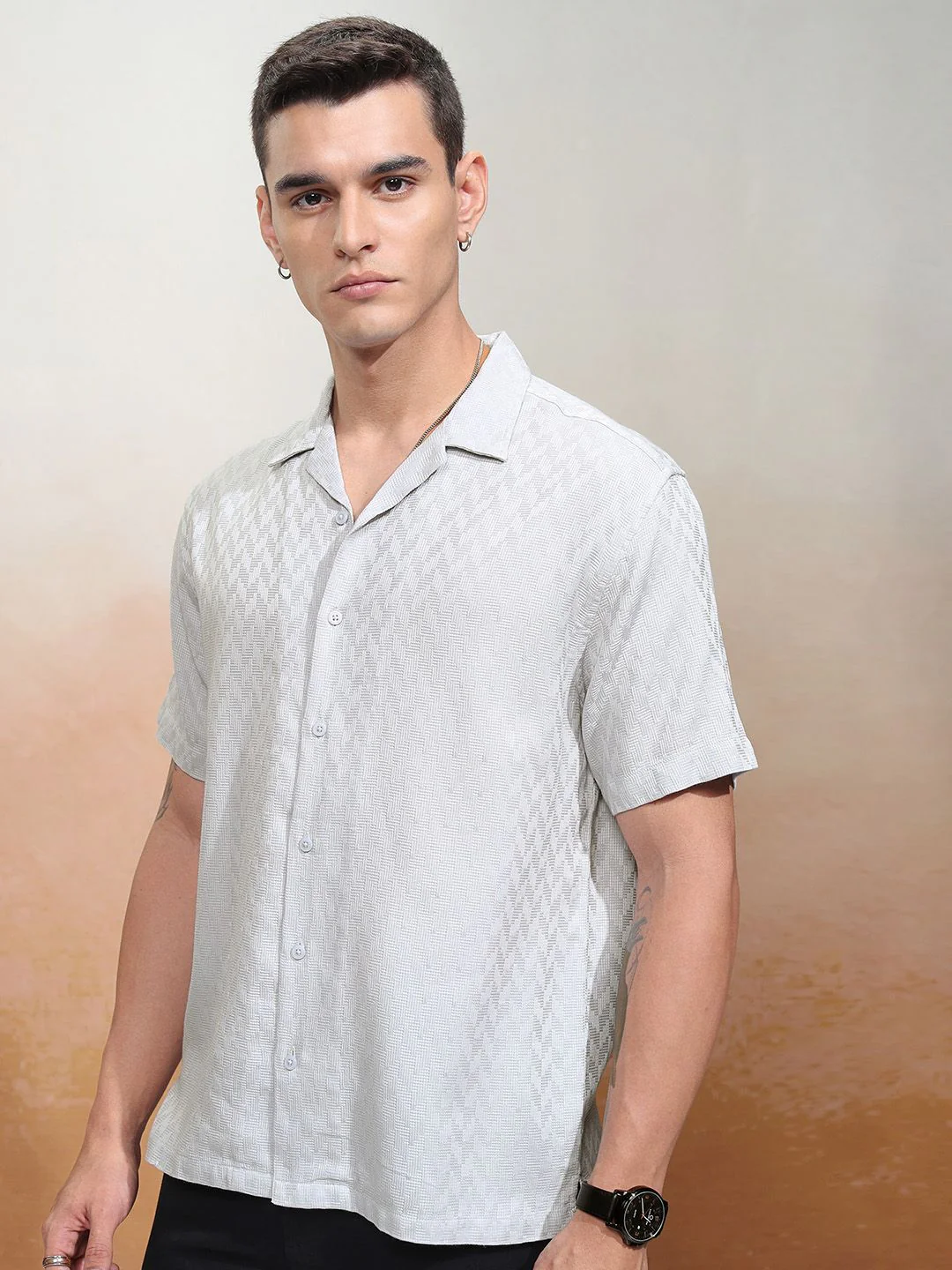 HIGHLANDER Men Dobby Textured Solid Cuban Collar Relaxed Shirt - Image 5