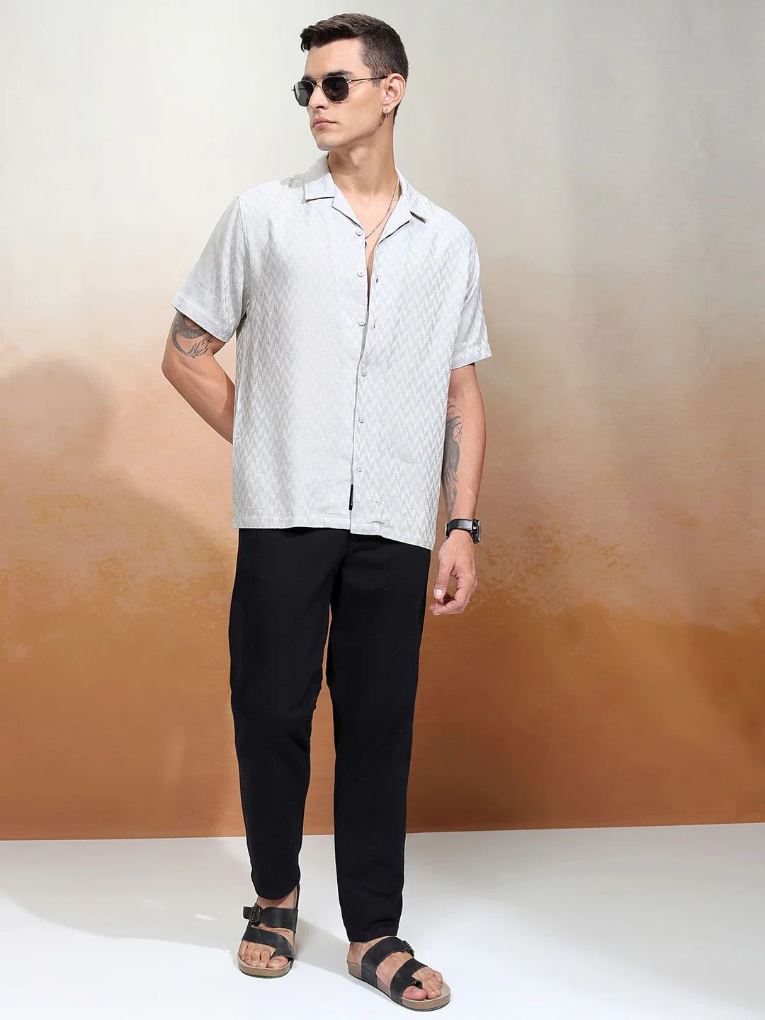 HIGHLANDER Men Dobby Textured Solid Cuban Collar Relaxed Shirt - Image 6