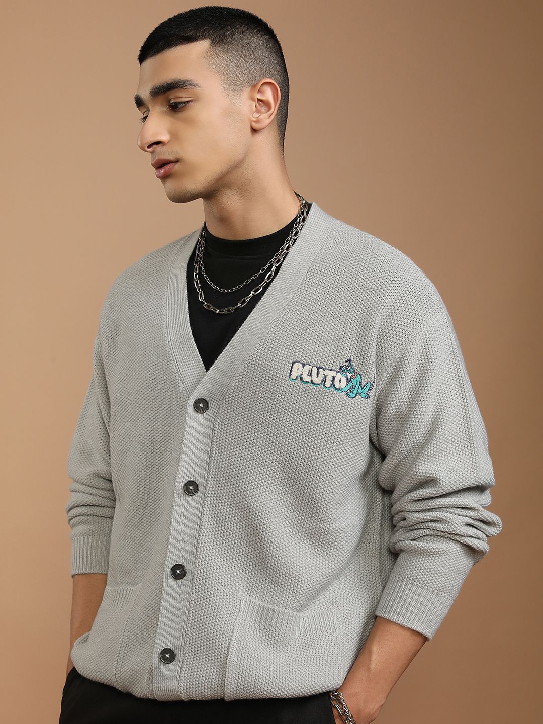HIGHLANDER Men Embroidered Ribbed Cardigan with Embellished Detail - Image 5