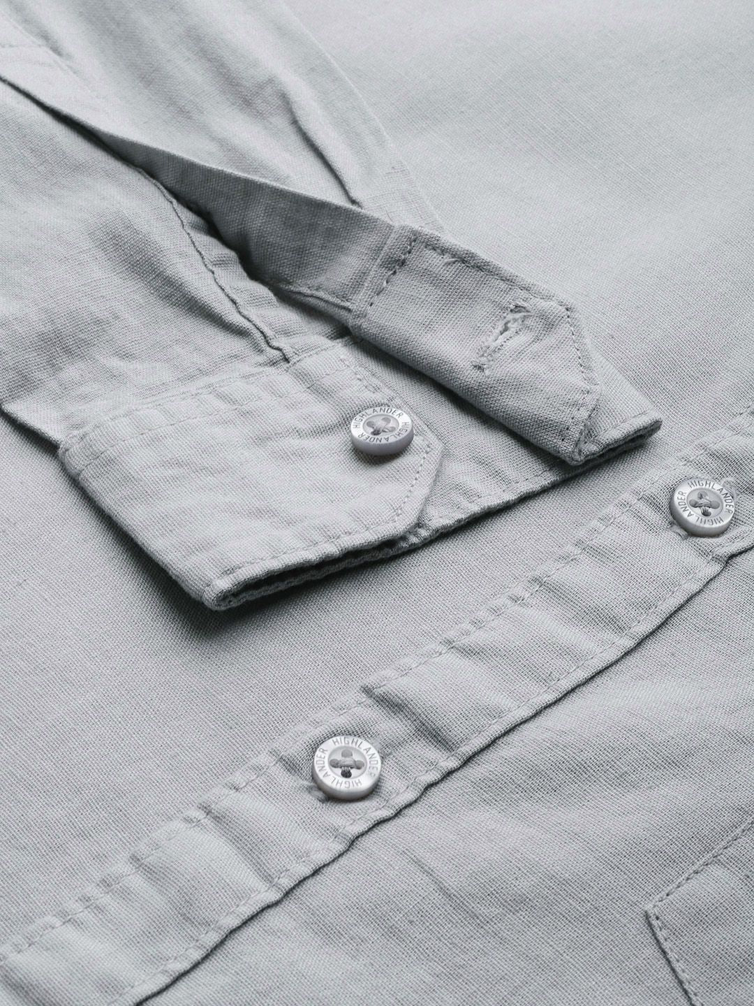 HIGHLANDER Men Grey Cotton Linen Solid Slim Fit Casual Shirt - Image 3