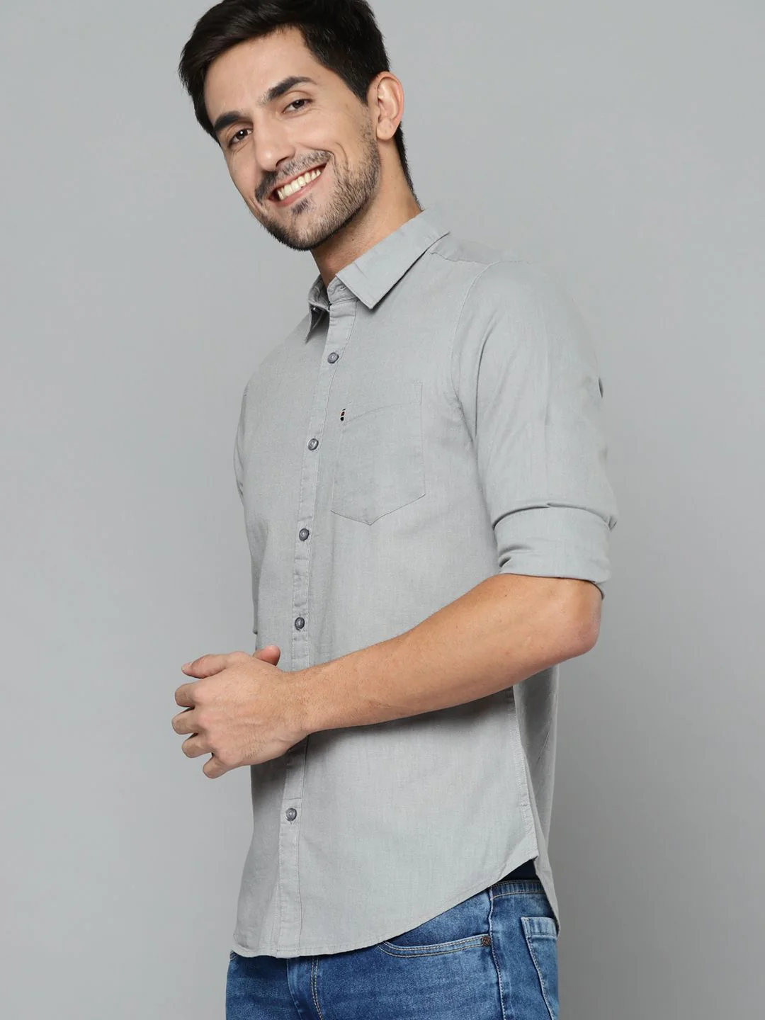 HIGHLANDER Men Grey Cotton Linen Solid Slim Fit Casual Shirt - Image 5