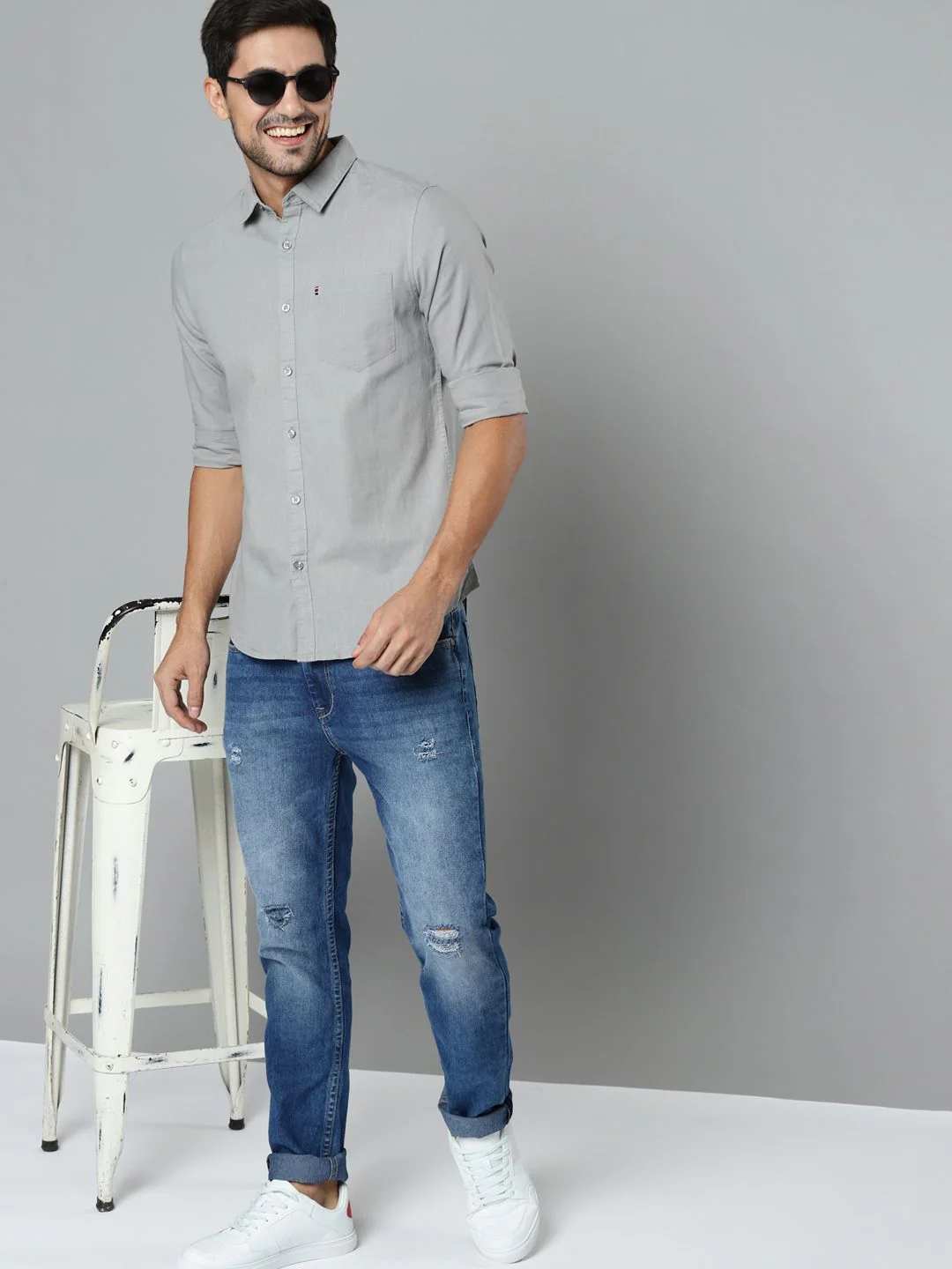 HIGHLANDER Men Grey Cotton Linen Solid Slim Fit Casual Shirt - Image 6