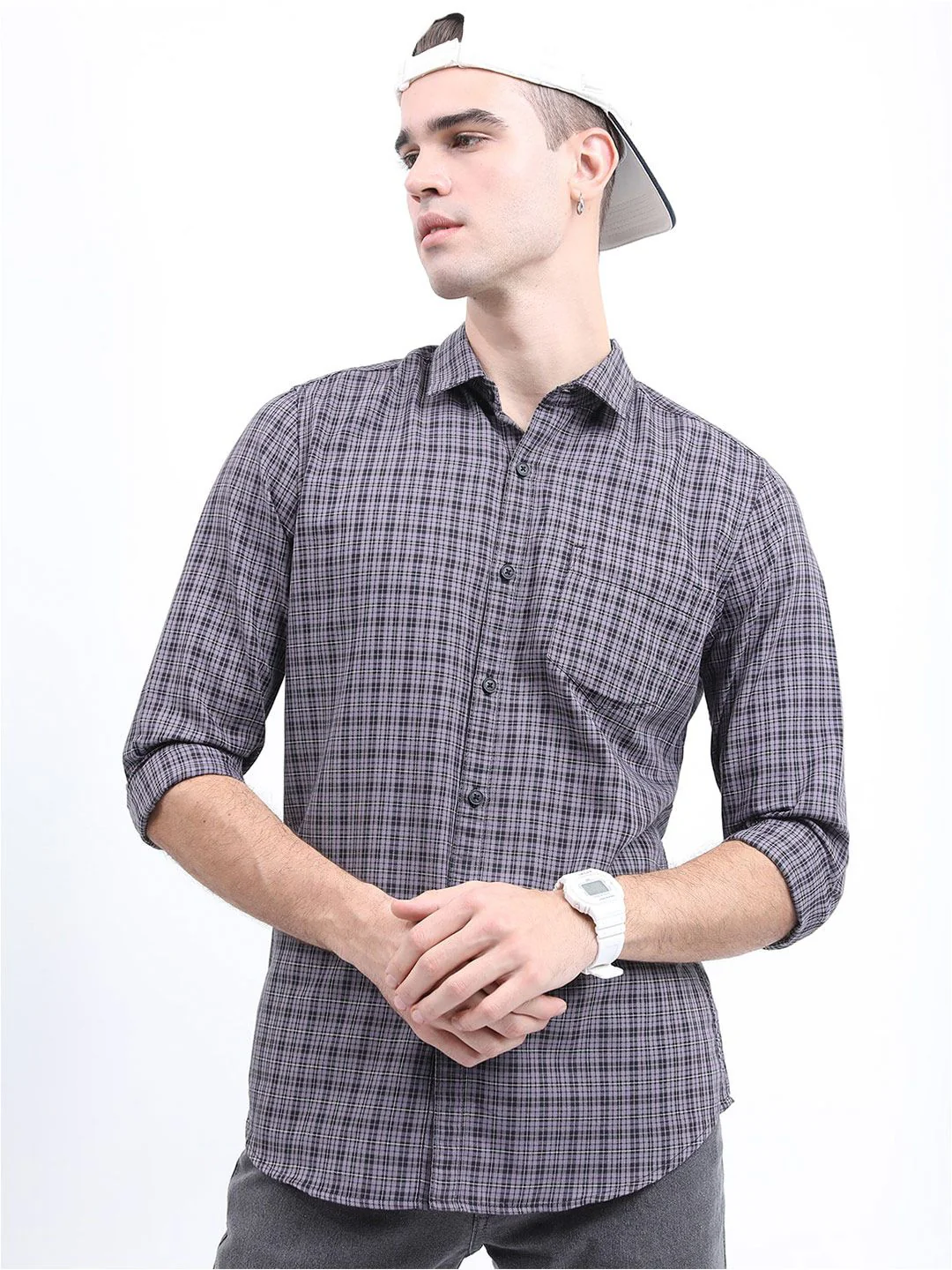 HIGHLANDER Men Grey Slim Fit Checked Casual Shirt