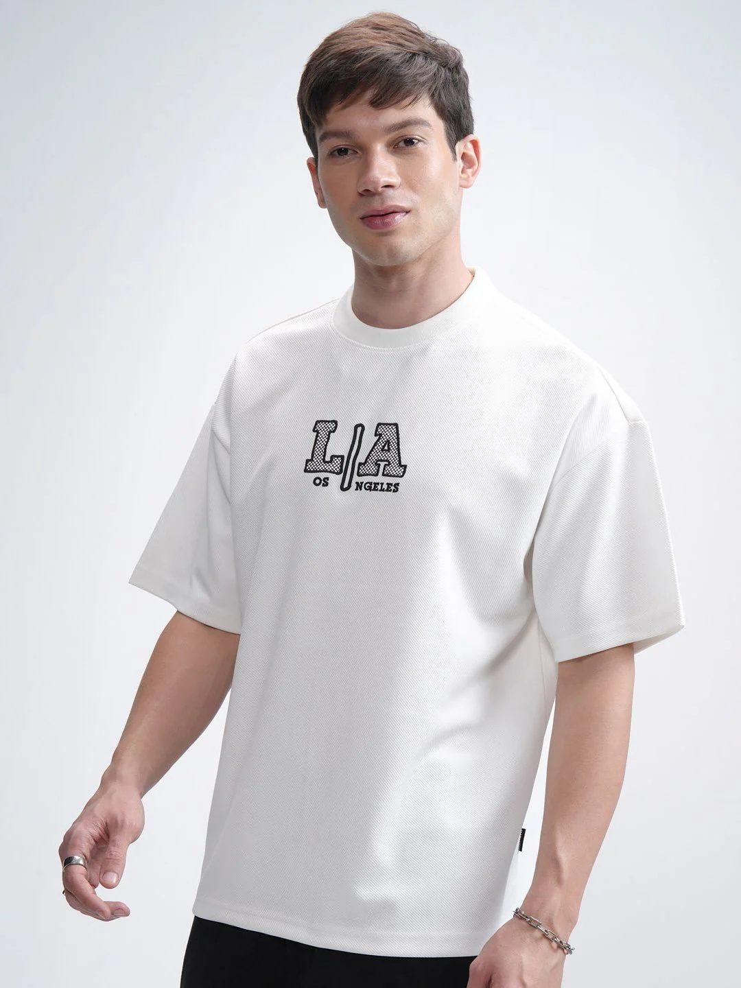 HIGHLANDER Men Round Neck Half Sleeve Oversized Embellished T- Shirt