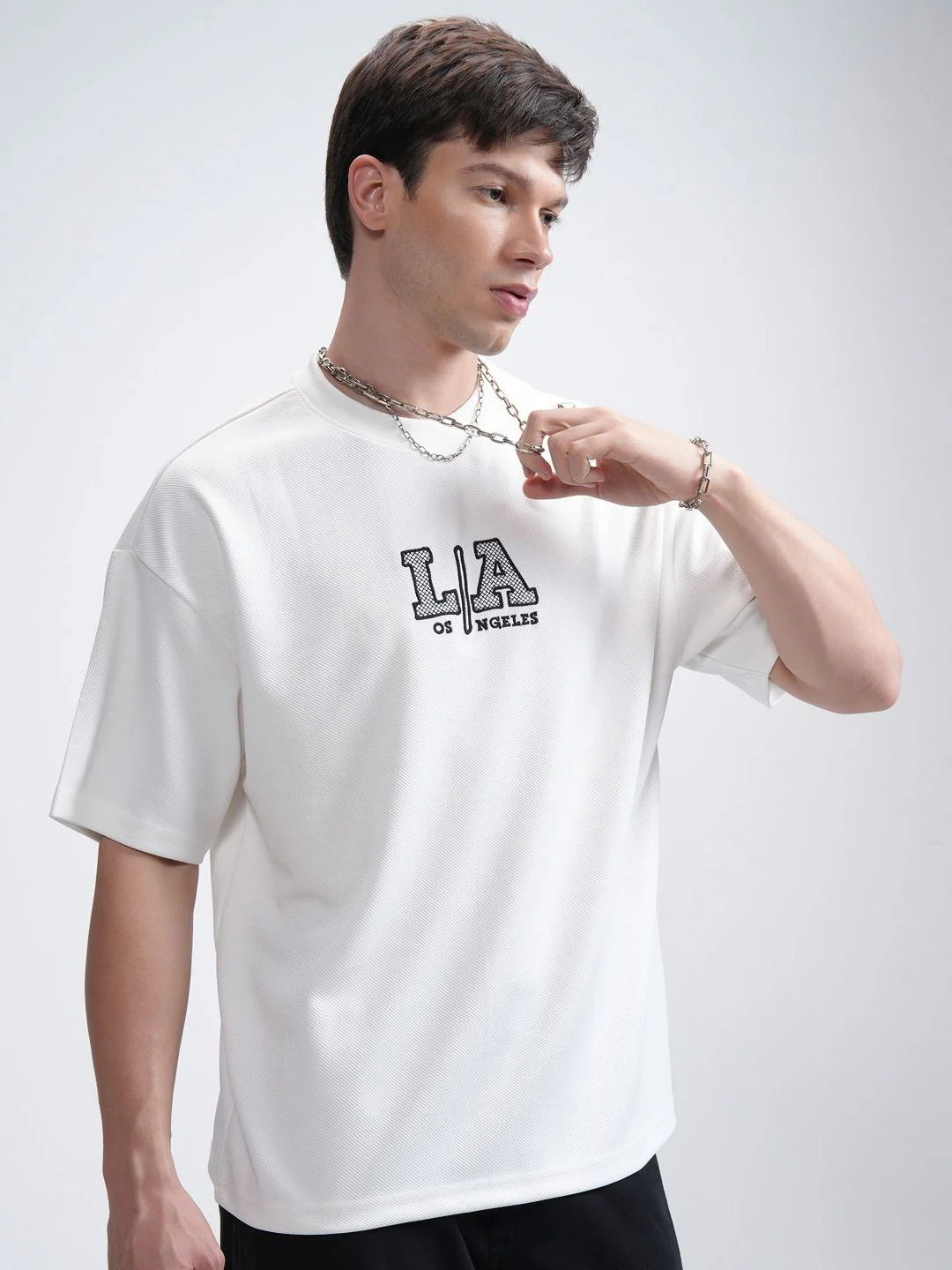 HIGHLANDER Men Round Neck Half Sleeve Oversized Embellished T- Shirt - Image 3
