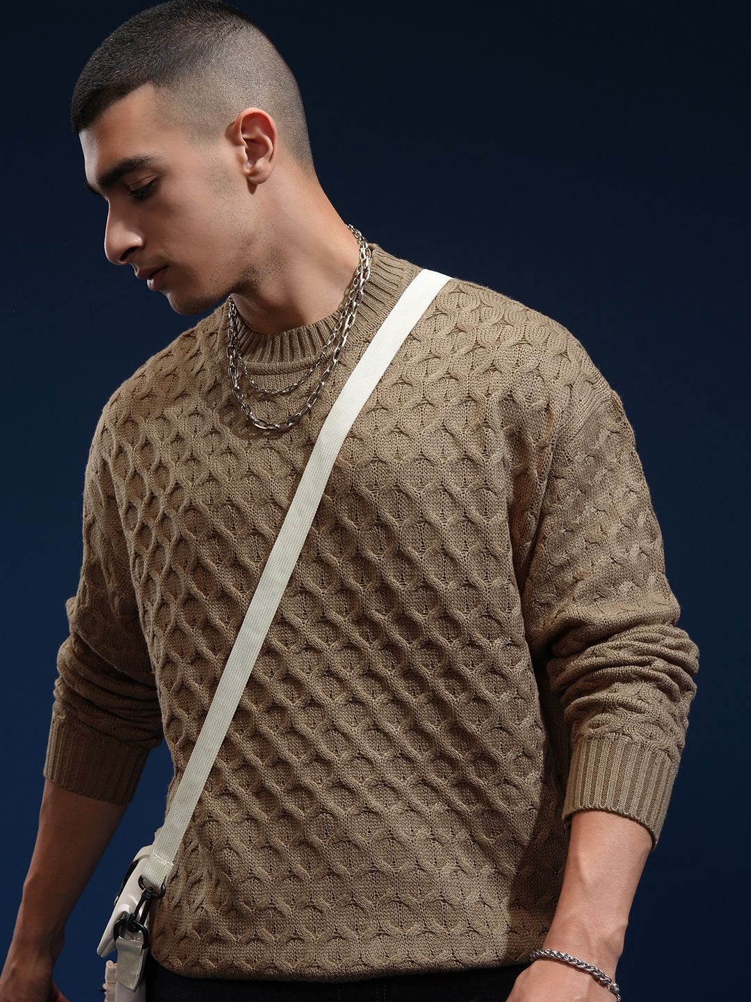 HIGHLANDER Men Self Design Round Neck Drop Shoulder Oversized Sweater