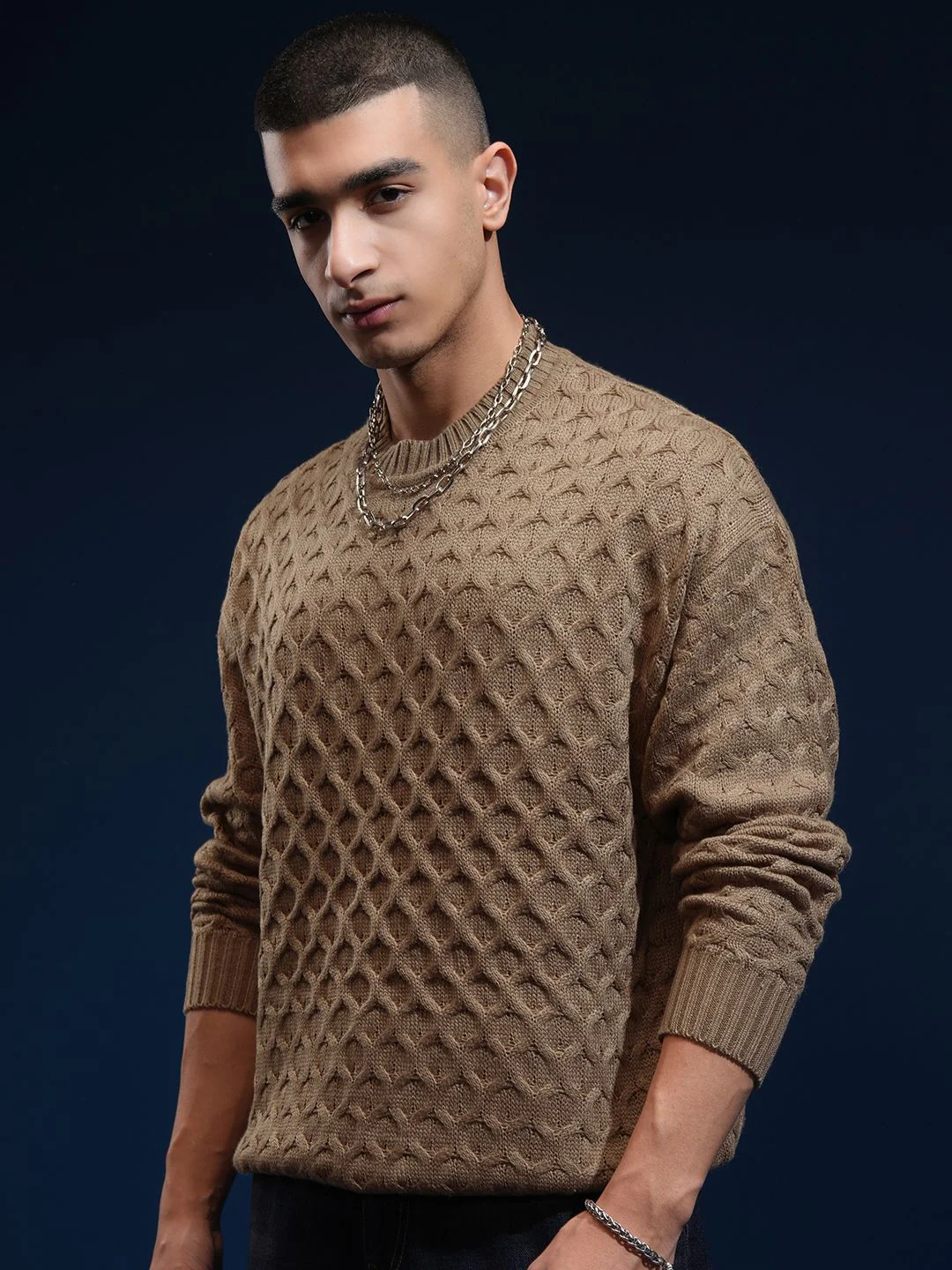 HIGHLANDER Men Self Design Round Neck Drop Shoulder Oversized Sweater - Image 5