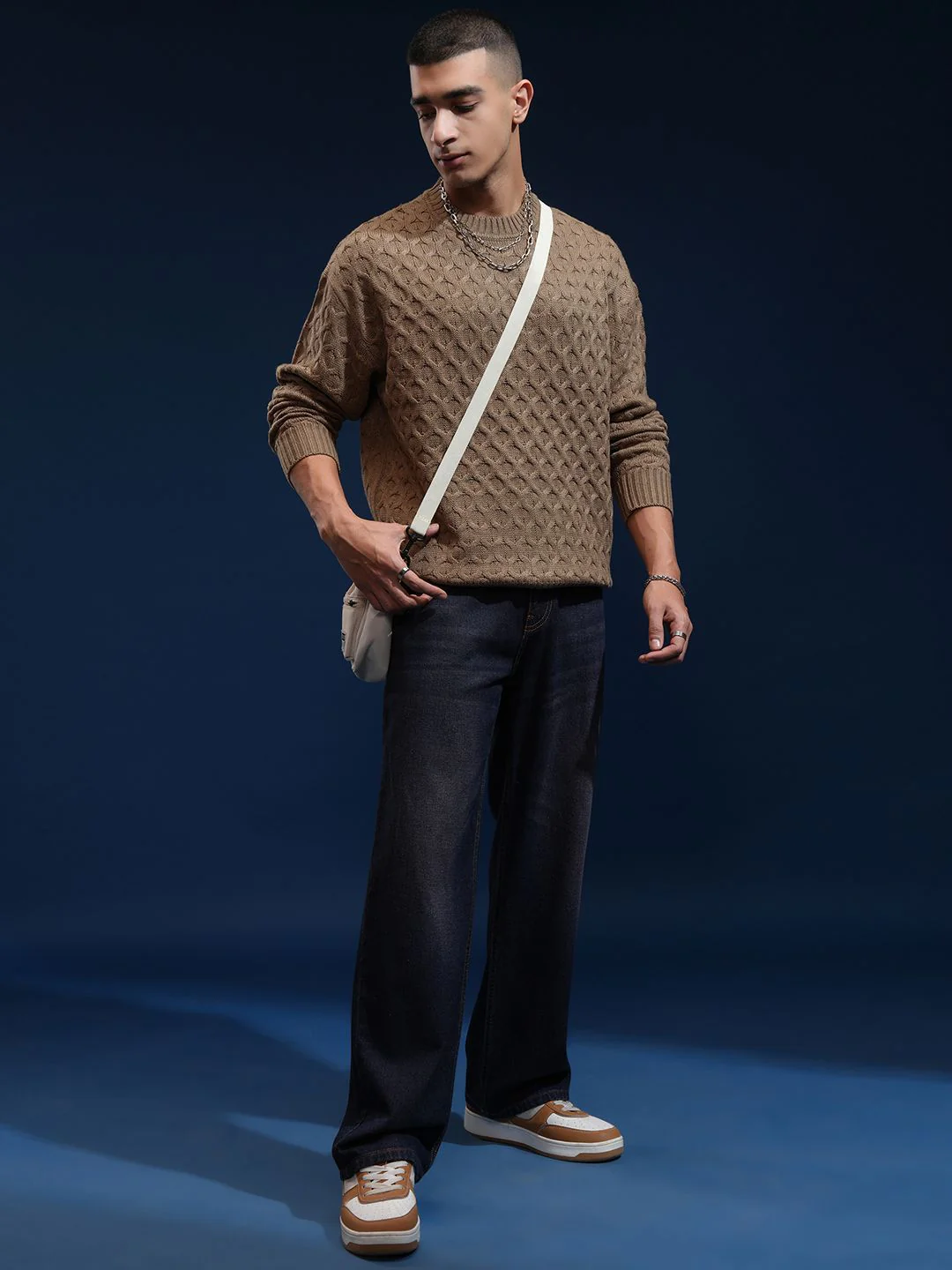 HIGHLANDER Men Self Design Round Neck Drop Shoulder Oversized Sweater - Image 6