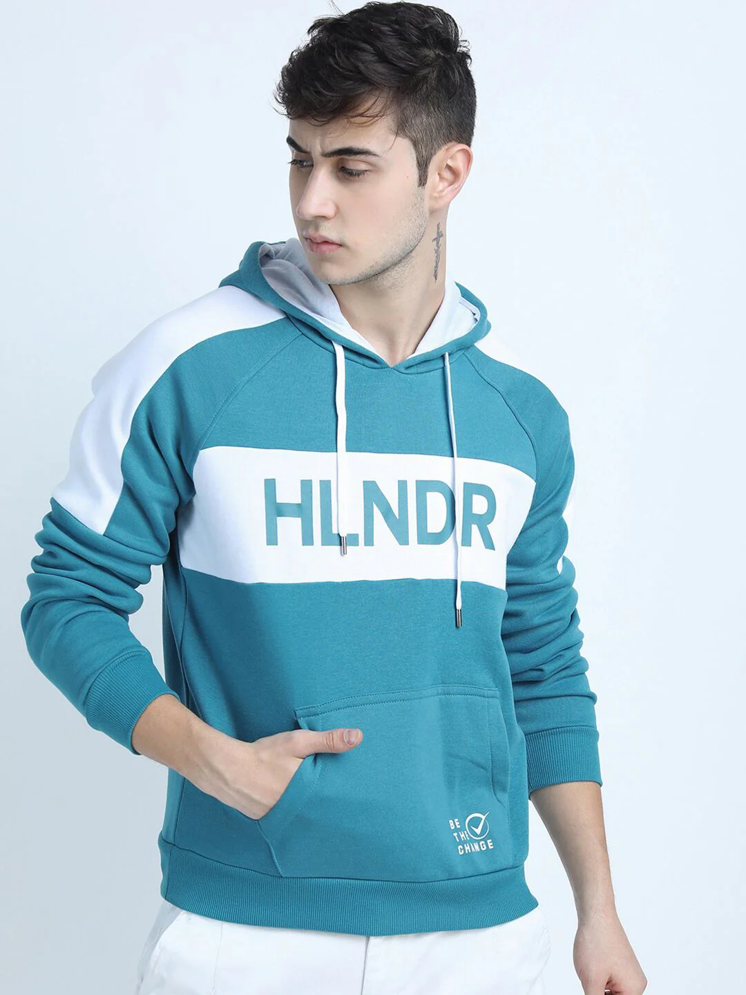 HIGHLANDER Men Teal Colourblocked Hooded Sweatshirt