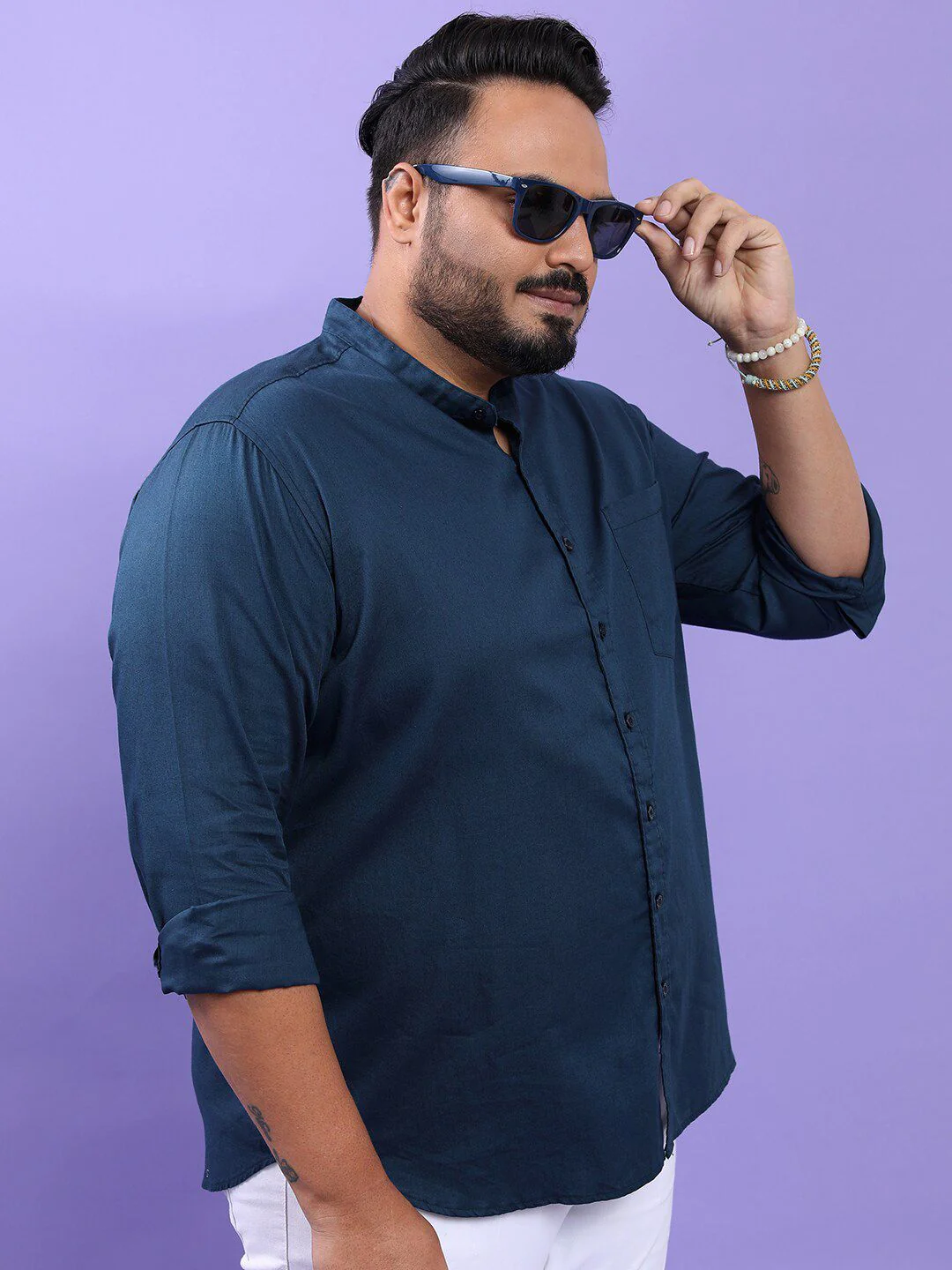 HIGHLANDER Plus Size Blue Band Collar Long Sleeves Cotton Casual Shirt - Image 3