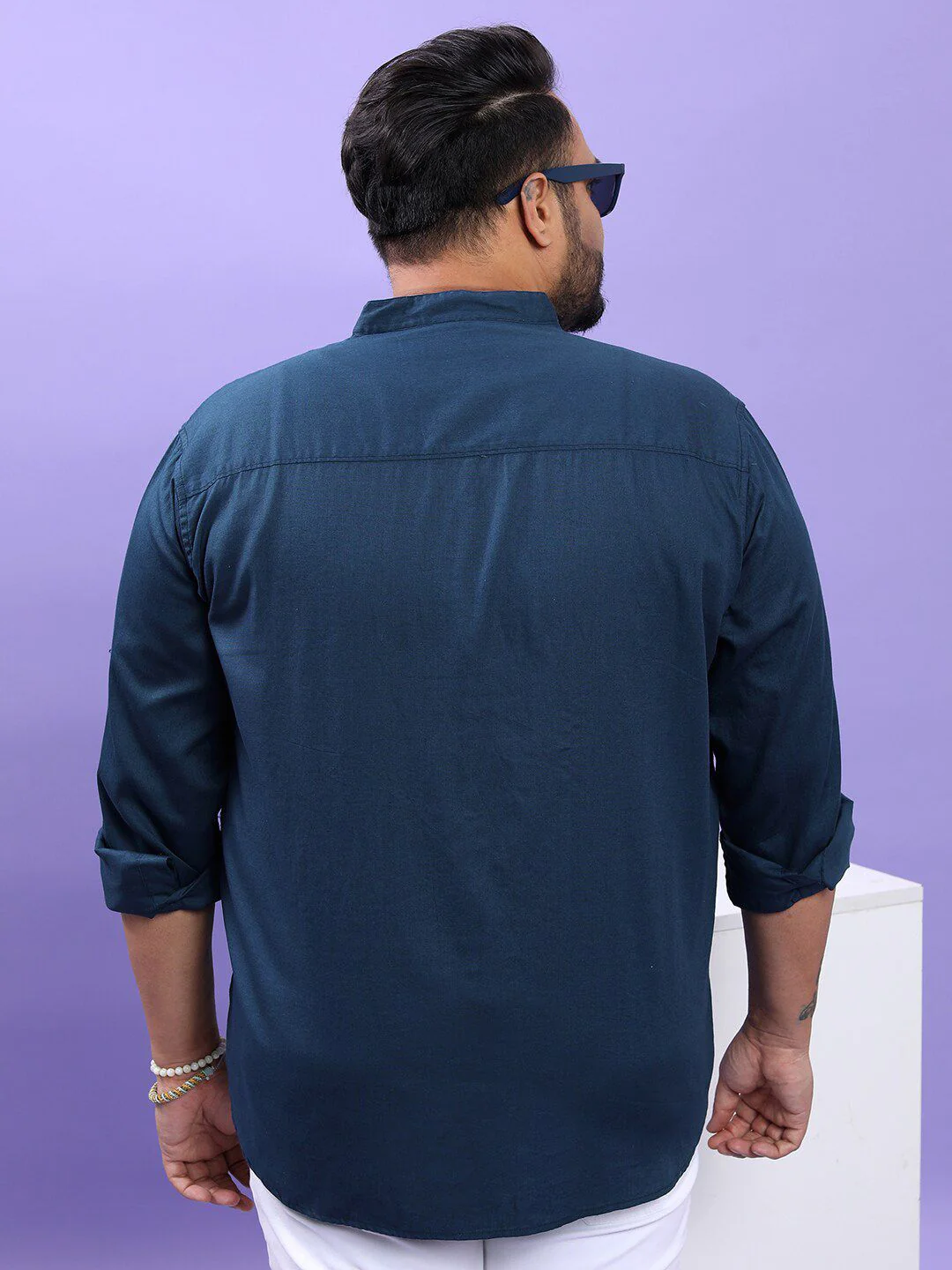 HIGHLANDER Plus Size Blue Band Collar Long Sleeves Cotton Casual Shirt - Image 4
