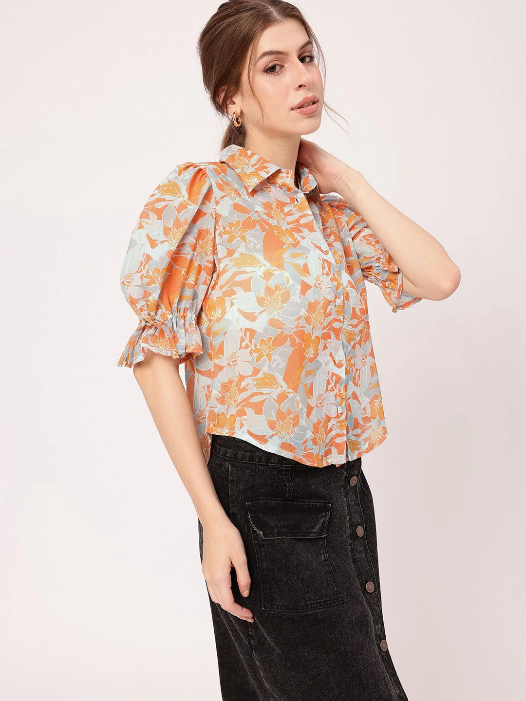 Holiday Charm Tropical Printed Puff Sleeves Shirt - Image 5