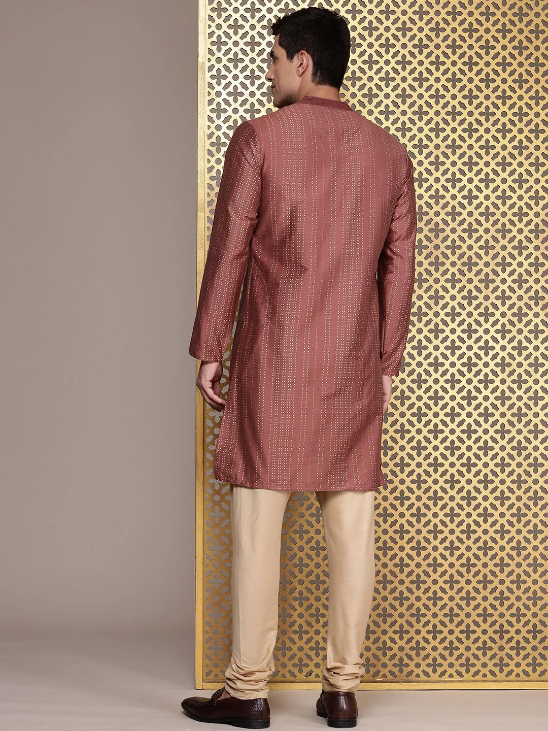 House of Pataudi Band Collar Striped Straight Rozana Kurta - Image 4
