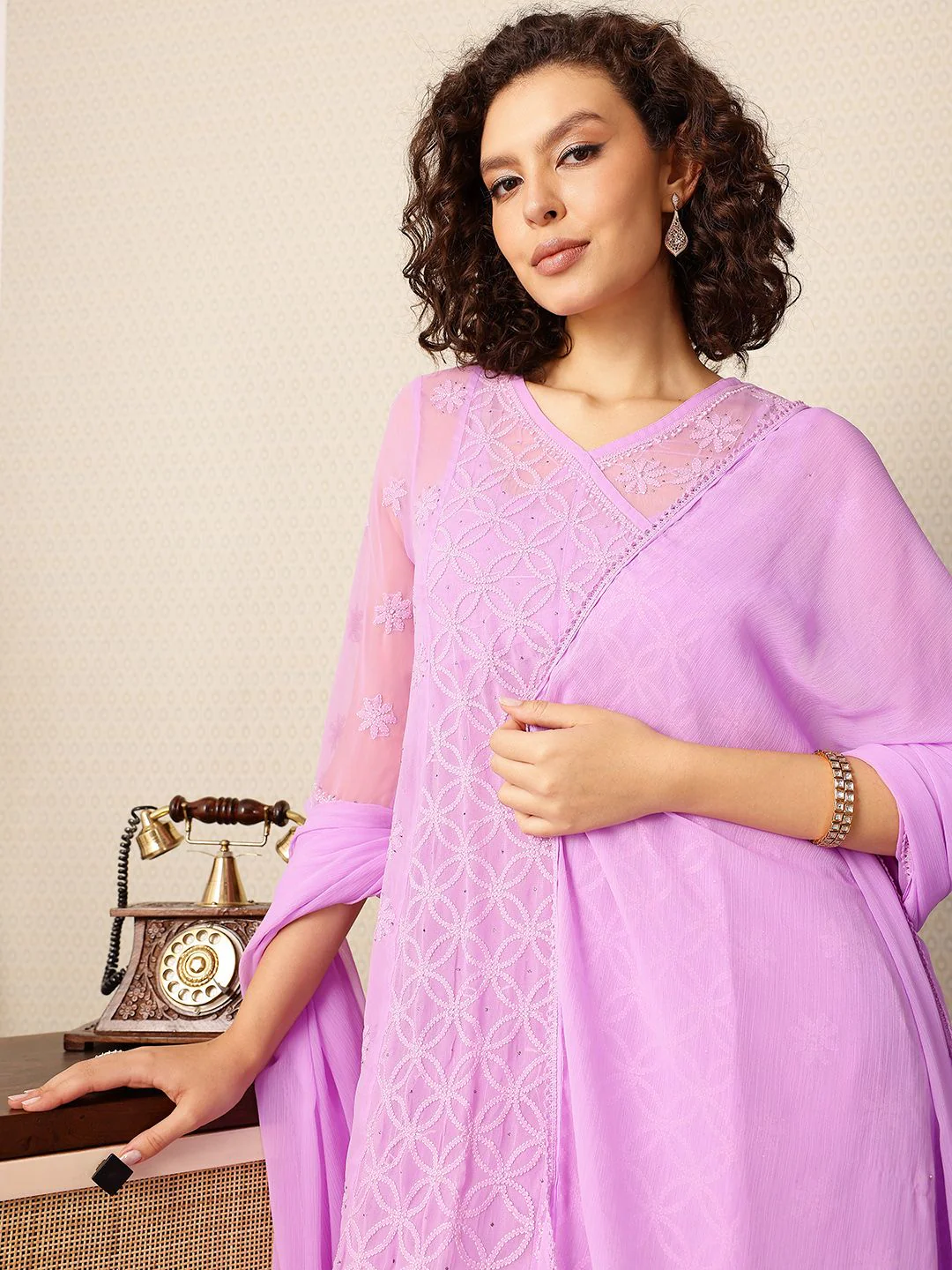 House of Pataudi Chikankari Embroidered Angrakha Jashn Kurta with Trousers & Dupatta - Image 6