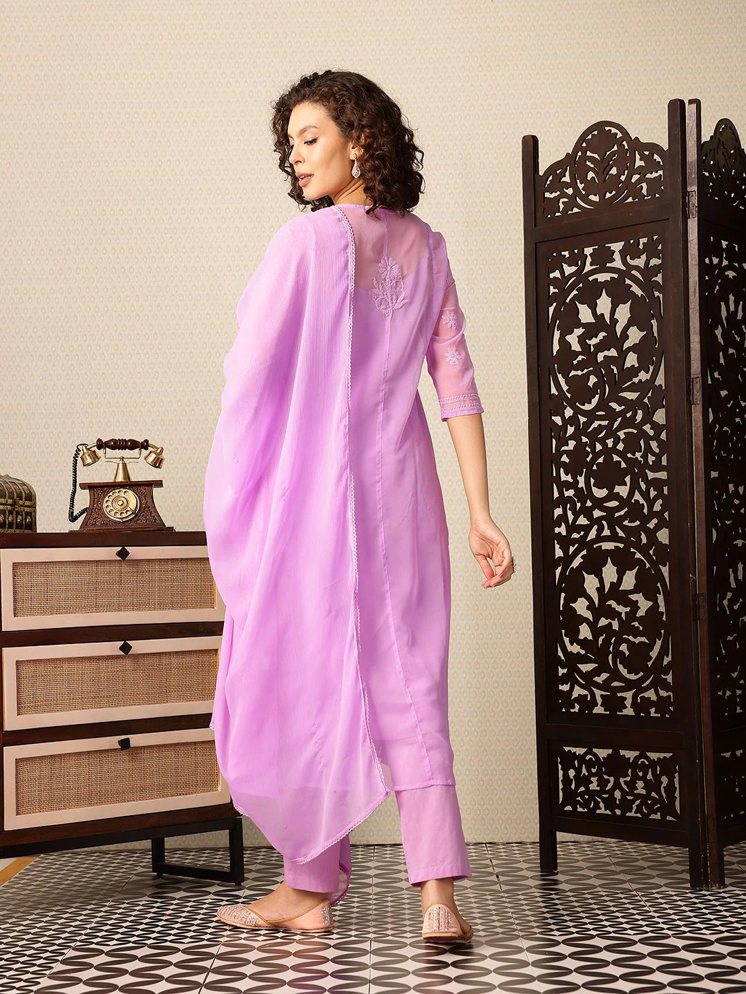 House of Pataudi Chikankari Embroidered Angrakha Jashn Kurta with Trousers & Dupatta - Image 7