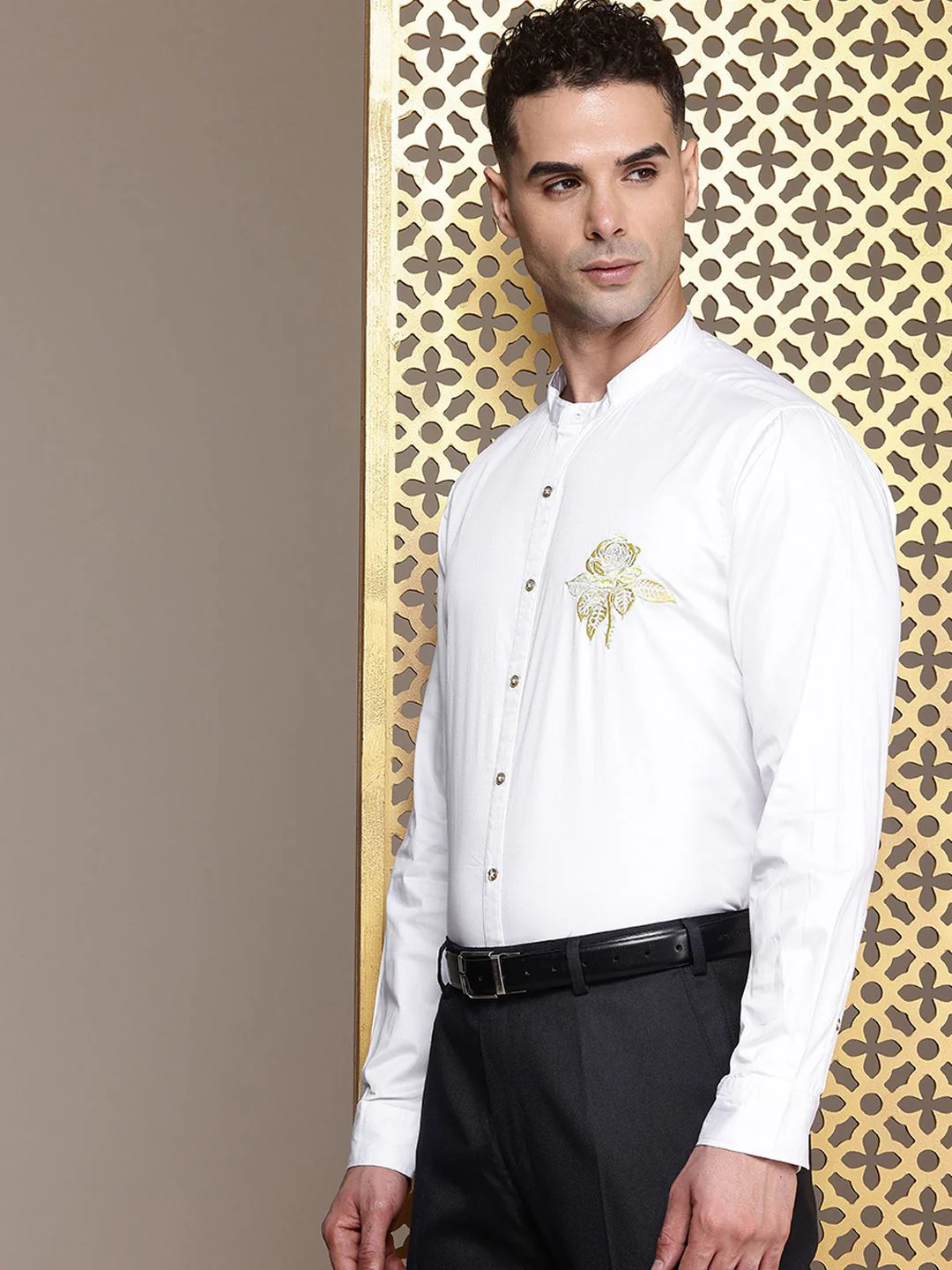 House of Pataudi Embroidered Detailed Pure Cotton Party Rozana Shirt - Image 4