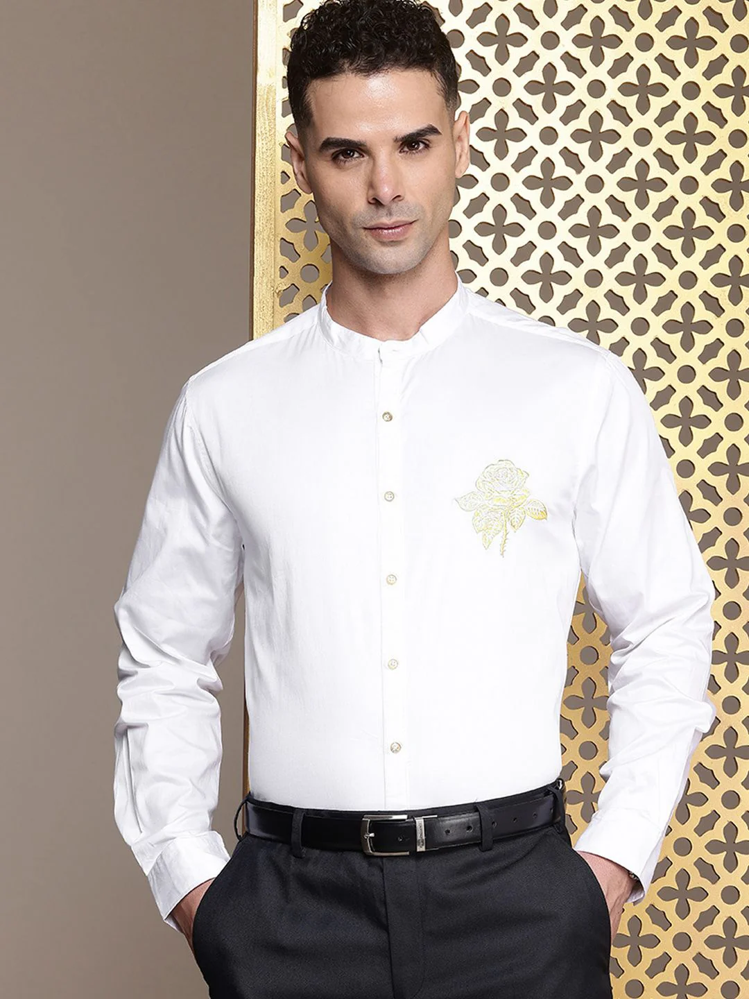 House of Pataudi Embroidered Detailed Pure Cotton Party Rozana Shirt - Image 5