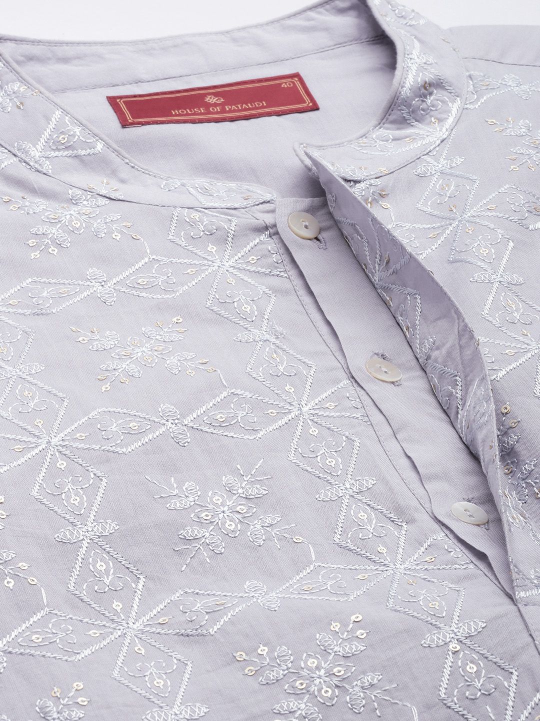 House of Pataudi Floral Embroidered Mandarin Collar Sequinned Pure Cotton Jashn Kurta - Image 2