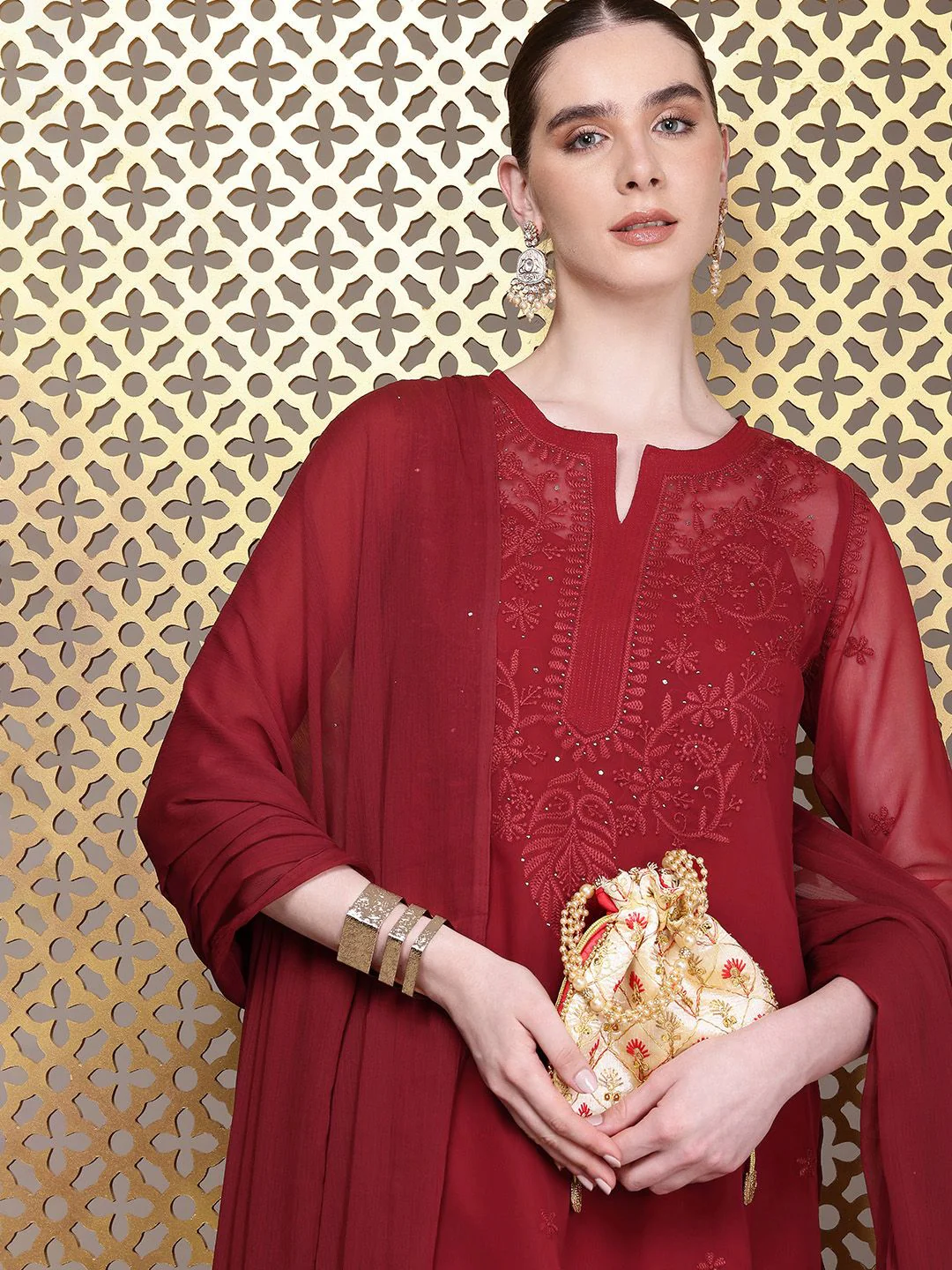 House of Pataudi Floral Embroidered Regular Chikankari Jashn Kurta with Trousers & Dupatta - Image 6