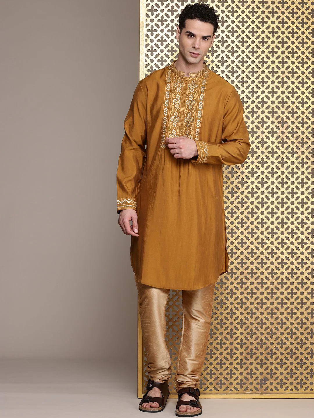 House of Pataudi Floral Yoke Design Mandarin Collar Thread Work Jashn Kurta - Image 3