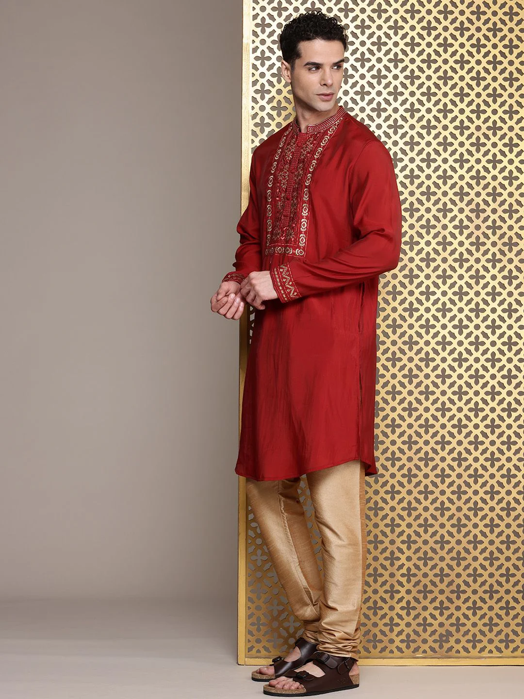 House of Pataudi Floral Yoke Design Mandarin Collar Thread Work Jashn Kurta - Image 5