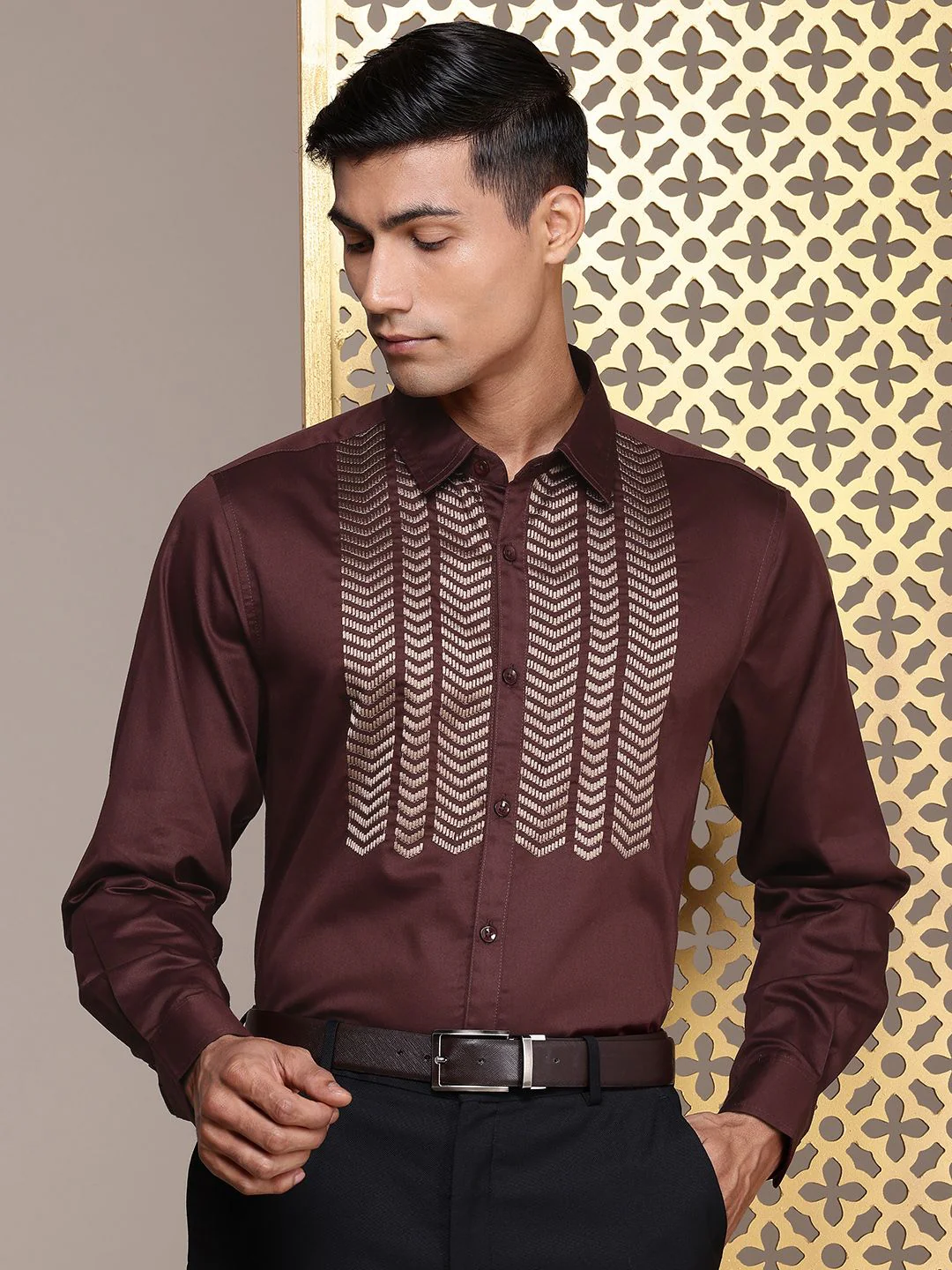 House of Pataudi Geometric Embroidered Pure Cotton Party Shirt - Image 5