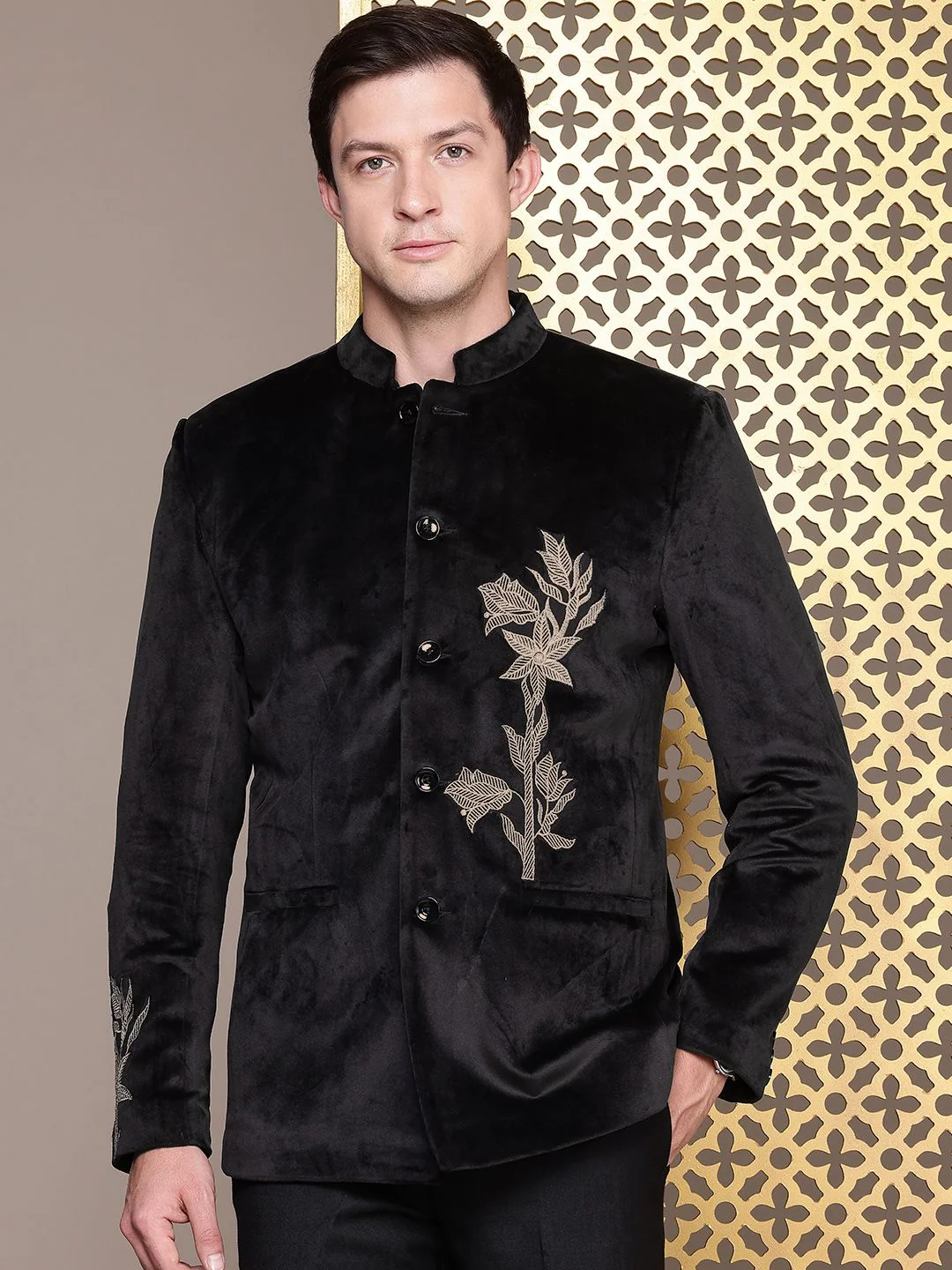 House of Pataudi Jashn Floral Zari Work Velvet Bandhgala Party Blazer - Image 3