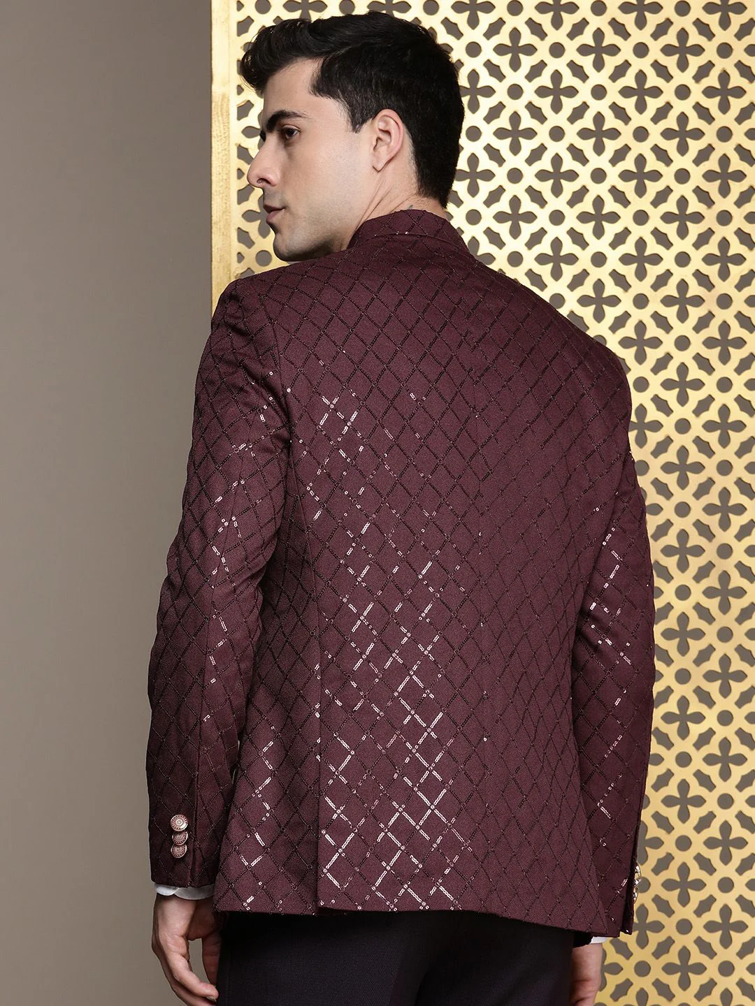 House of Pataudi Jashn Mandarin Collar Textured Sequinned Bandhgala Blazer - Image 4