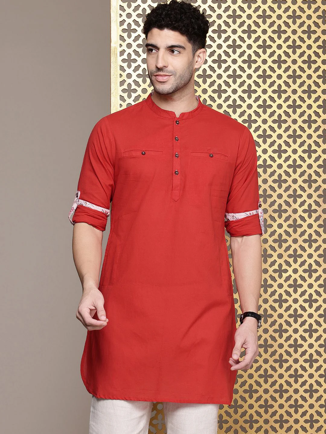 House of Pataudi Mandarin Collar Roll-Up Sleeves Pure Cotton Pathani Rozana Kurta - Image 4