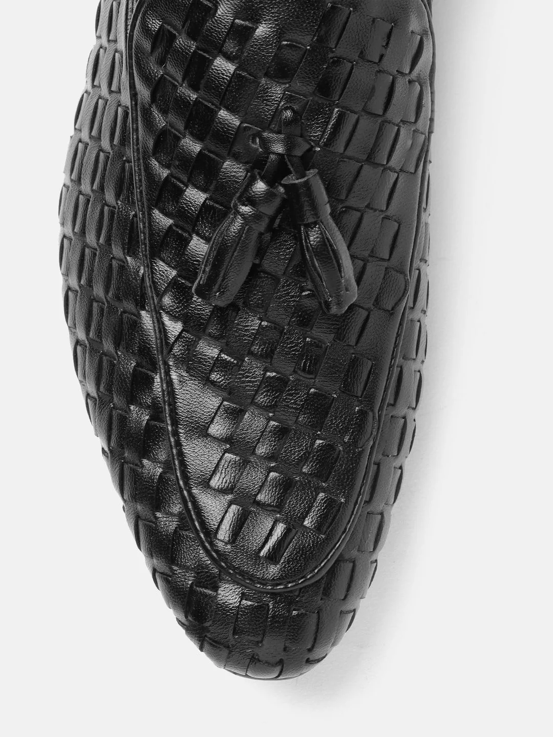 House of Pataudi Men Black Basketweave Handcrafted Tasselled Leather Loafers - Image 6