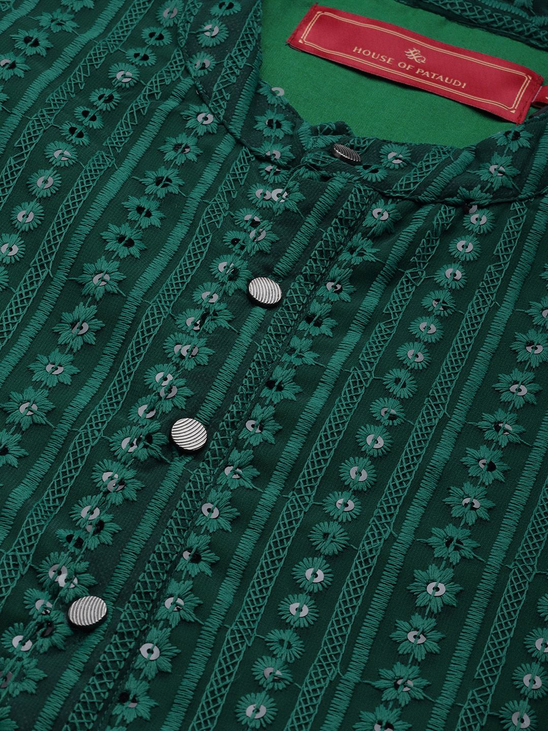 House of Pataudi Men Green Sequins Embellished Mandarin Collared Straight Kurta - Image 2