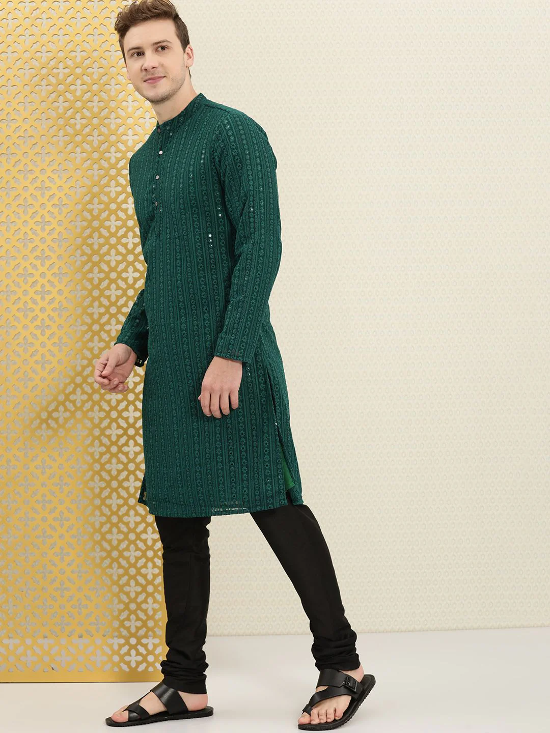 House of Pataudi Men Green Sequins Embellished Mandarin Collared Straight Kurta - Image 5