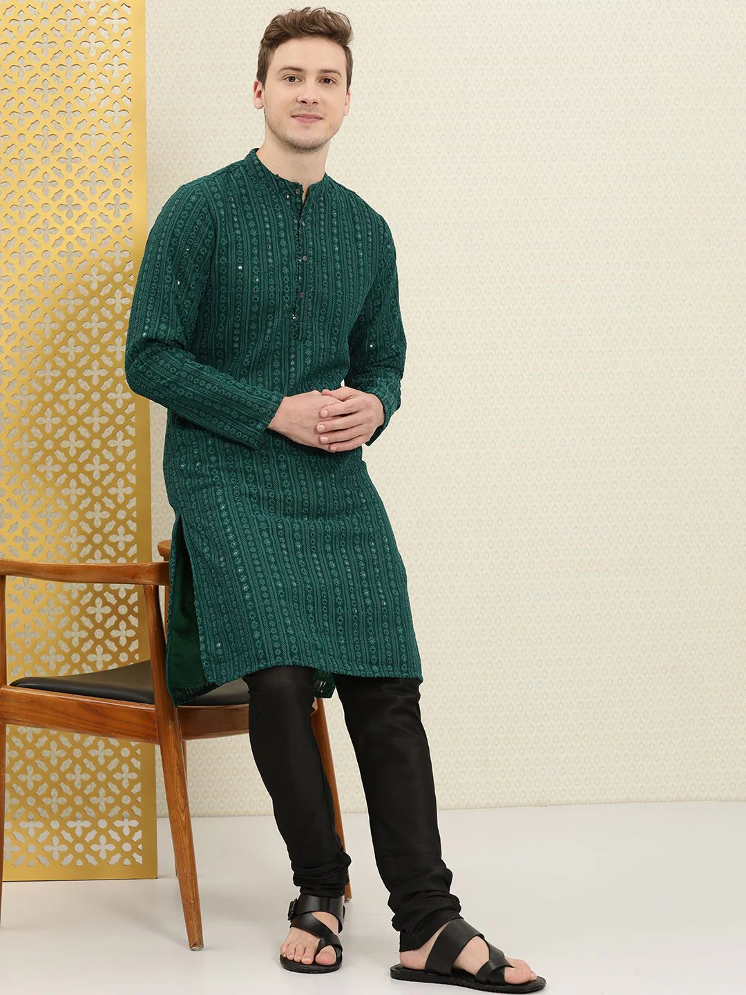 House of Pataudi Men Green Sequins Embellished Mandarin Collared Straight Kurta - Image 6