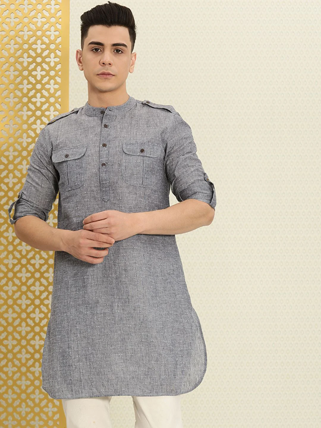 House of Pataudi Men Grey Solid Roll Up Sleeved Pathani Kurta - Image 3