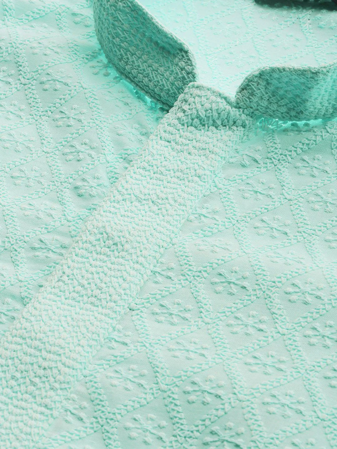 House of Pataudi Men Turquoise Blue Chikankari Embroidered Straight Kurta - Image 2