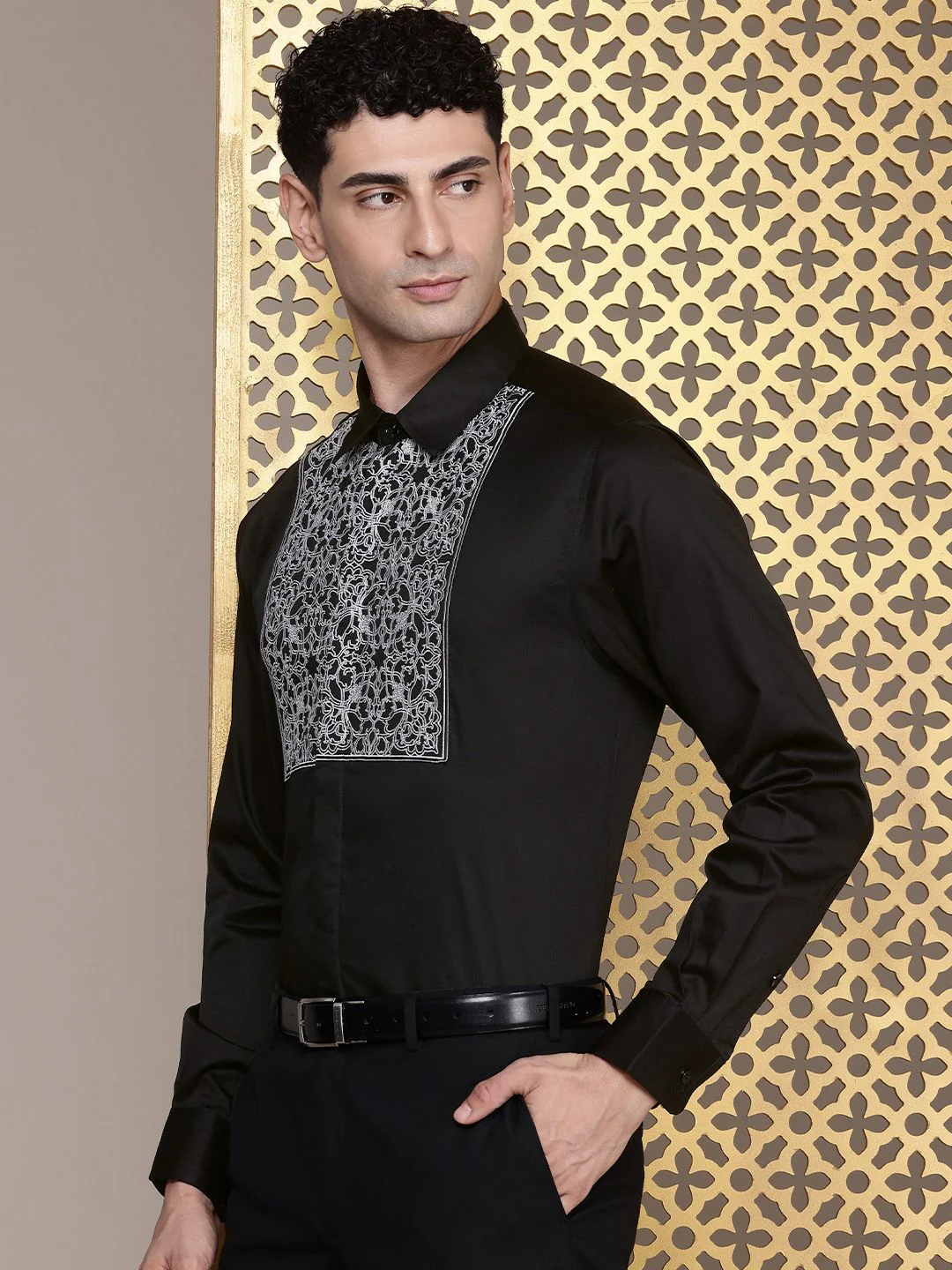 House of Pataudi Pure Cotton Ethnic Motifs Embroidered Opaque Party Shirt - Image 3