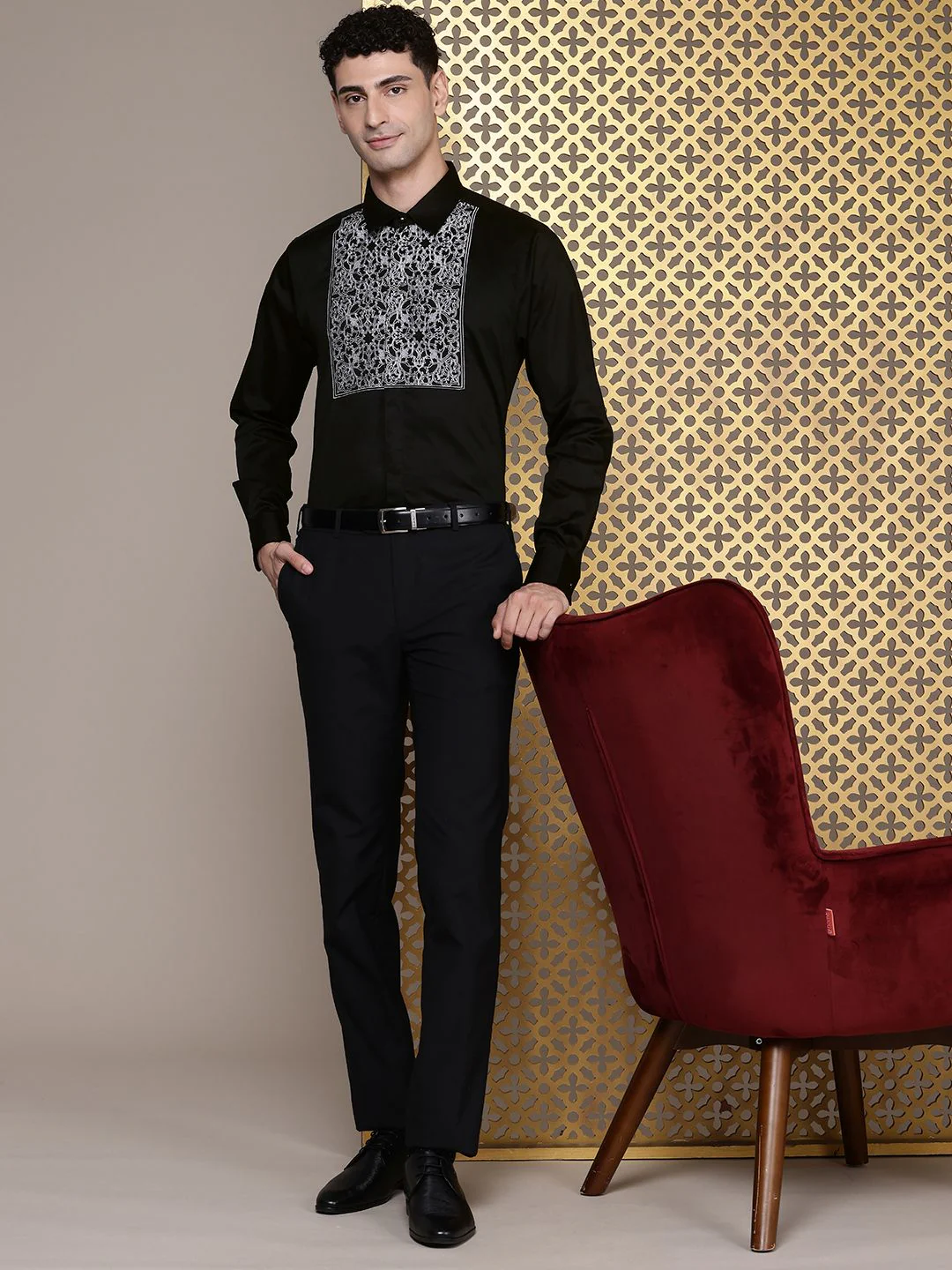House of Pataudi Pure Cotton Ethnic Motifs Embroidered Opaque Party Shirt - Image 5
