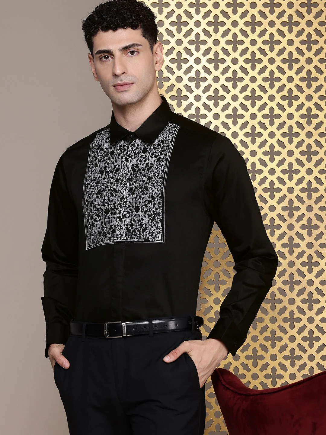 House of Pataudi Pure Cotton Ethnic Motifs Embroidered Opaque Party Shirt - Image 6