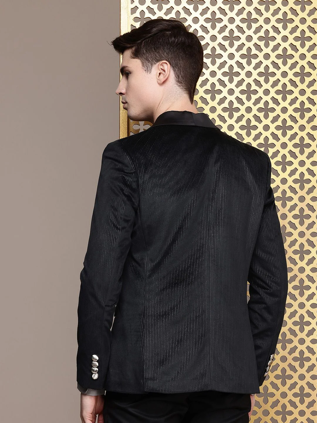 House of Pataudi Red Carpet Line Striped Shawl Collar Single-Breasted Velvet Finish Blazer - Image 4