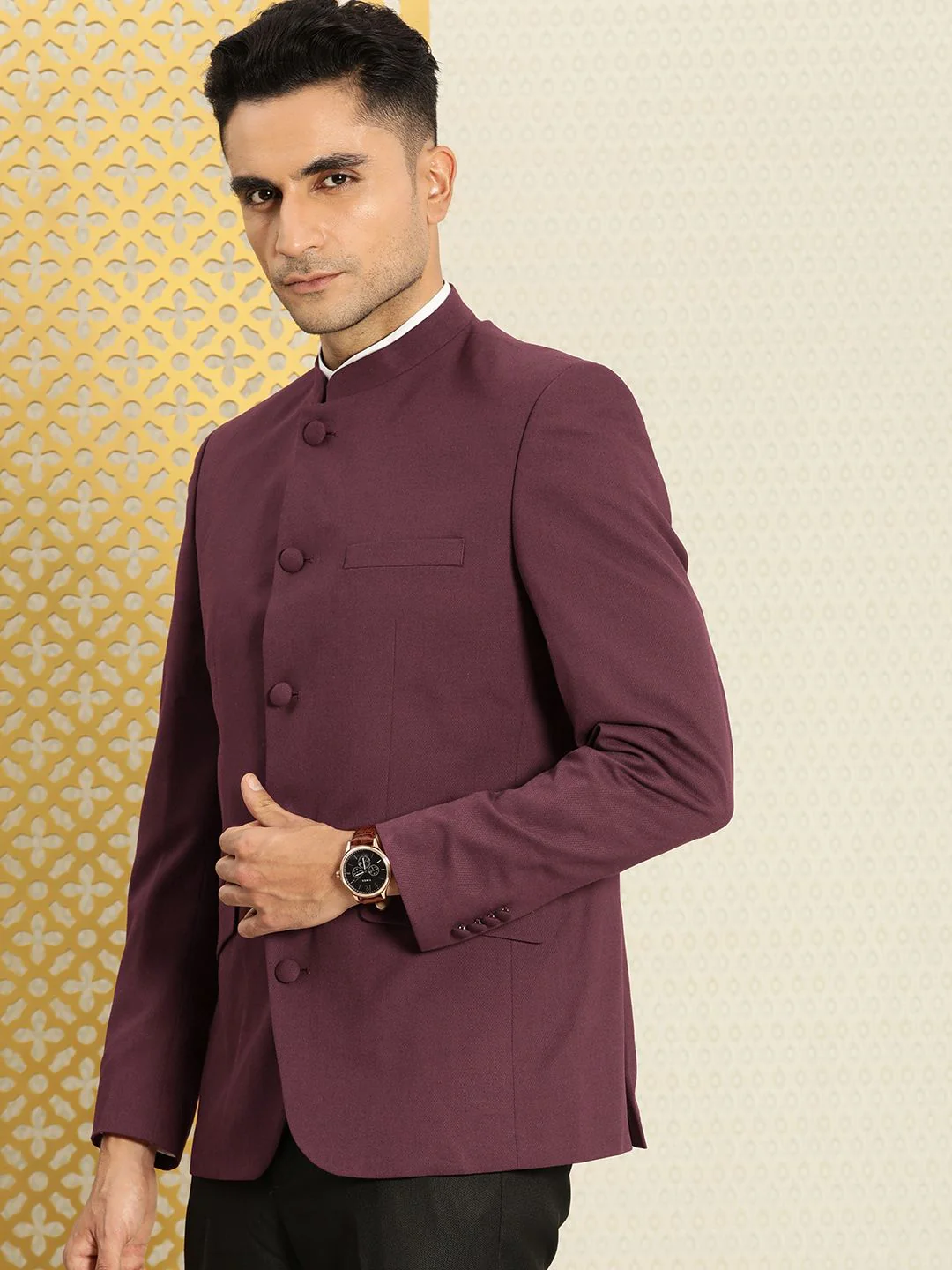 House of Pataudi Solid Mandarin Collar Bandhgala Jashn Blazer - Image 5