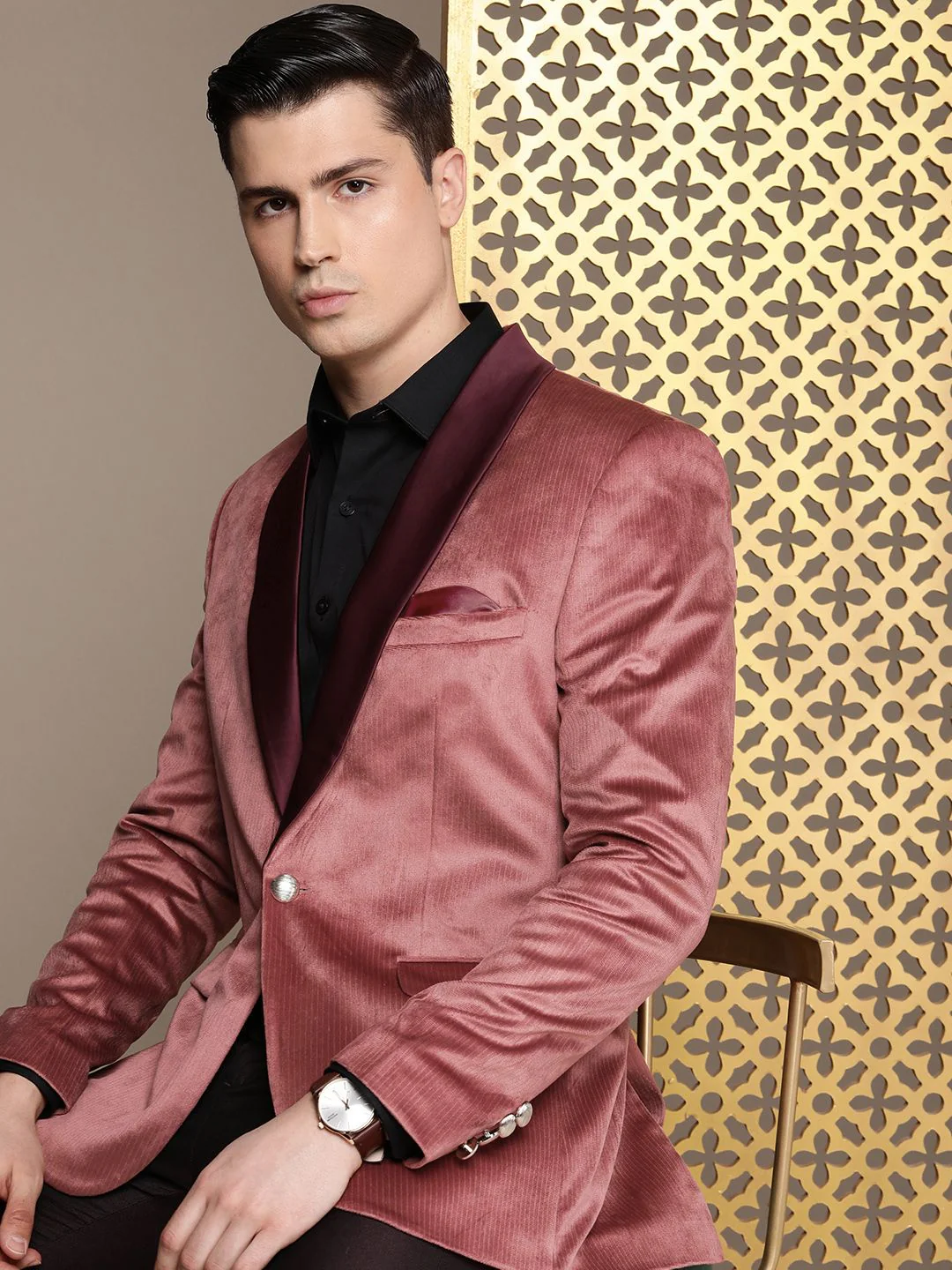 House of Pataudi Tailored Fit Striped Velvet Finish Single-Breasted Party Blazer - Image 2