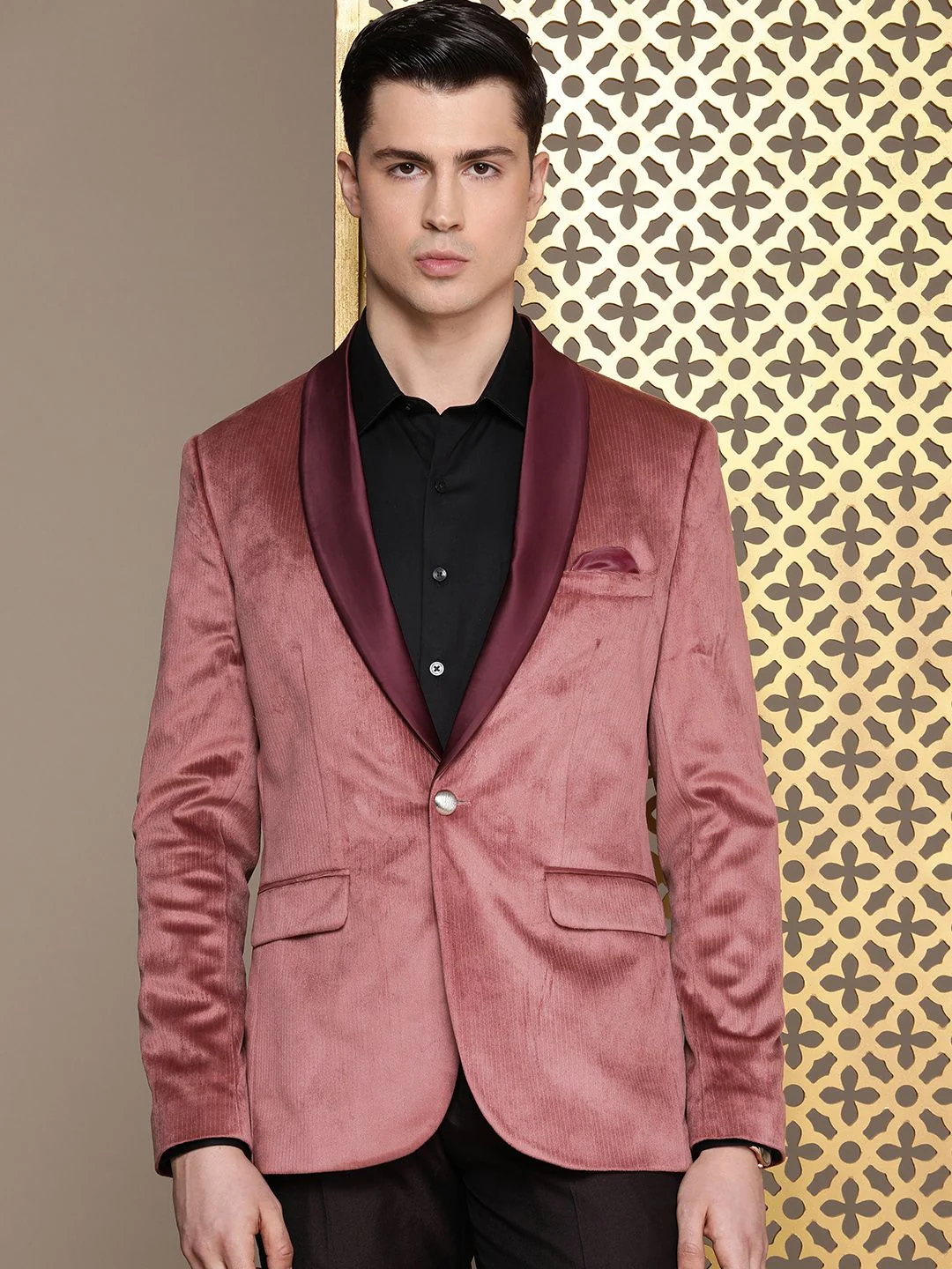 House of Pataudi Tailored Fit Striped Velvet Finish Single-Breasted Party Blazer - Image 5