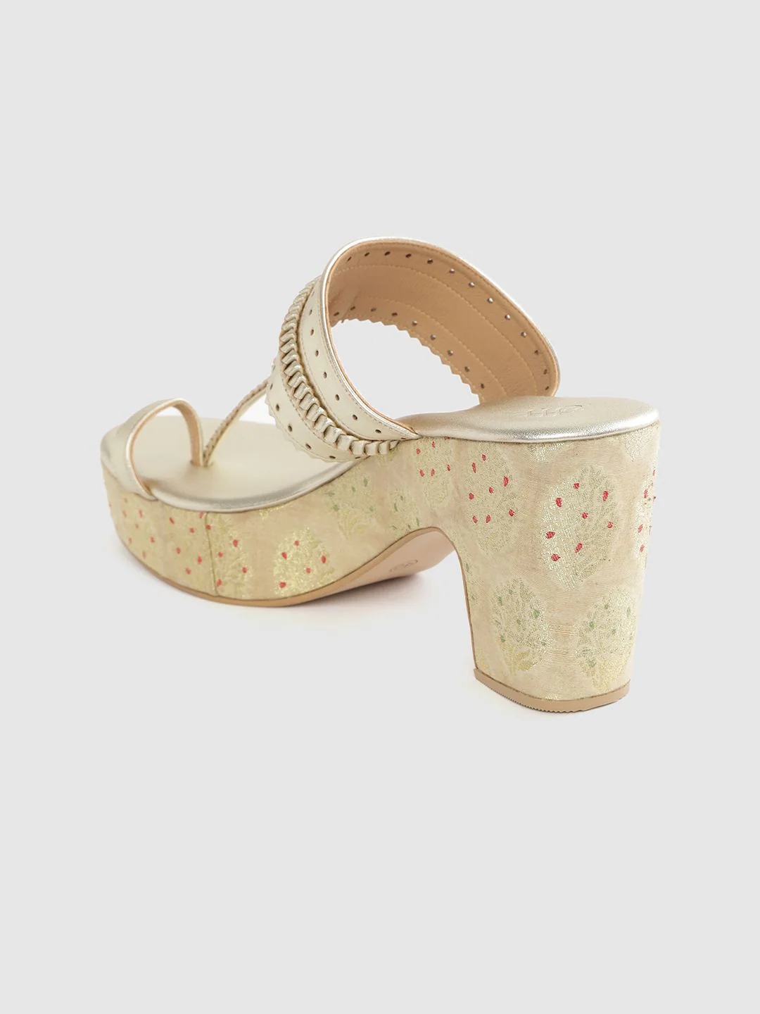 House of Pataudi Women Gold-Toned Braided Detail Handcrafted One-Toe Block Heels - Image 3