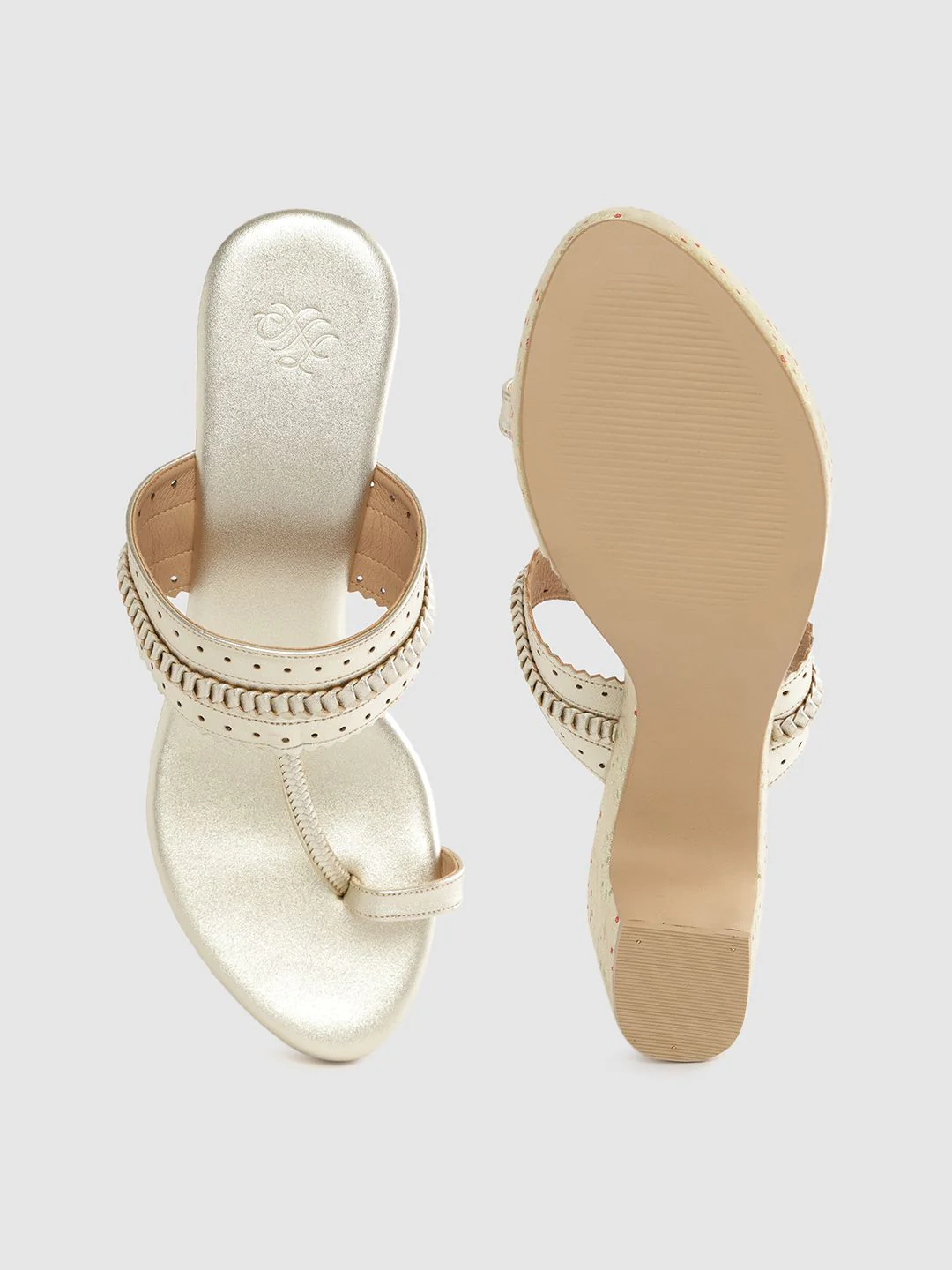 House of Pataudi Women Gold-Toned Braided Detail Handcrafted One-Toe Block Heels - Image 4