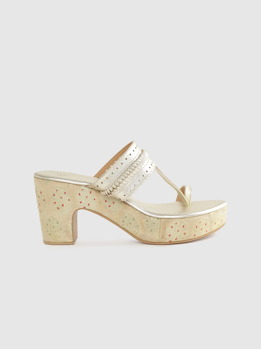 House of Pataudi Women Gold-Toned Braided Detail Handcrafted One-Toe Block Heels - Image 5