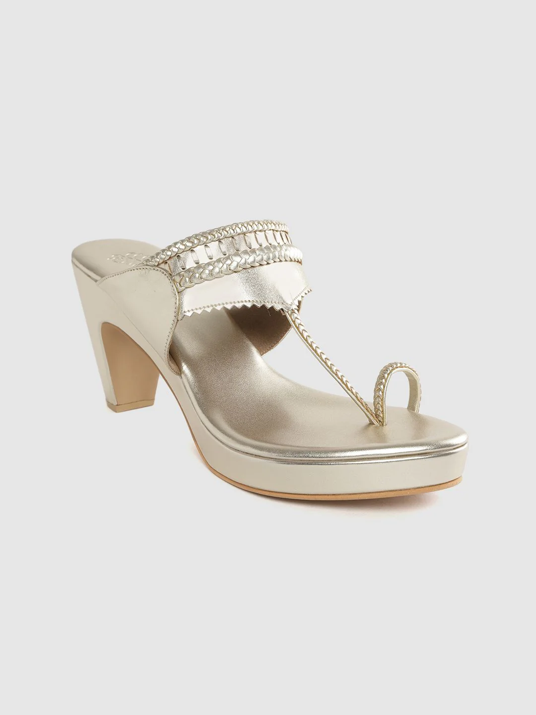 House of Pataudi Women Muted Gold-Toned Braided Handcrafted One Toe Heels - Image 2