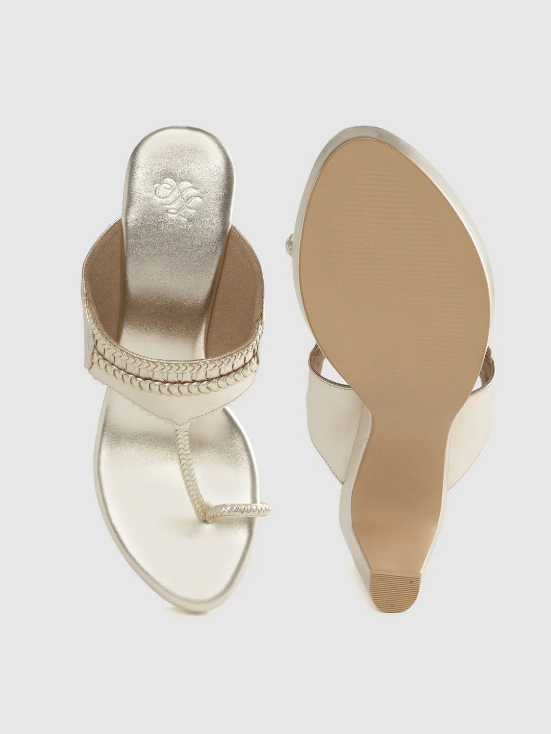 House of Pataudi Women Muted Gold-Toned Braided Handcrafted One Toe Heels - Image 4